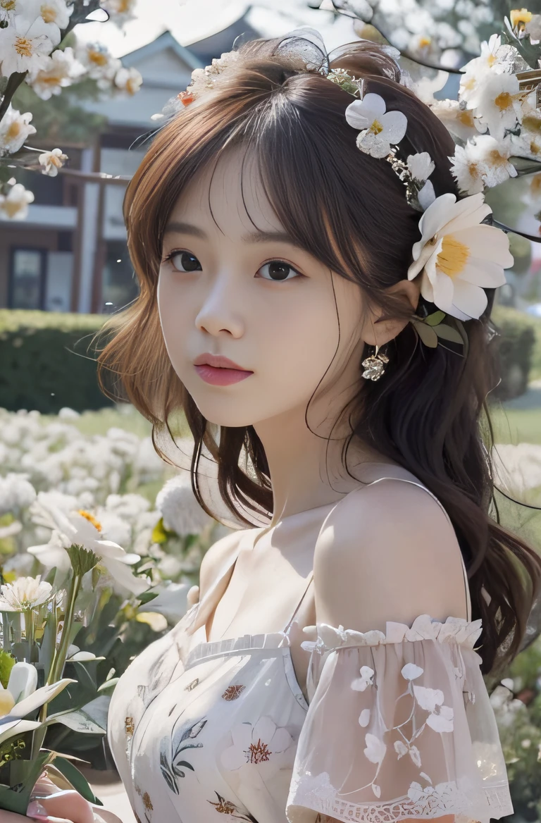 A woman with flowers in her hair stands in a flower field, With flowers, Middle metaverse, xintong chen, portait photo profile picture, cute delicate face, By Ni Tian, white hime cut hairstyle, cover photo portrait of du juan, Ethereal beauty, Chinese girl, by Ye Xin, chengyou liu, headshot profile picture, Fanart