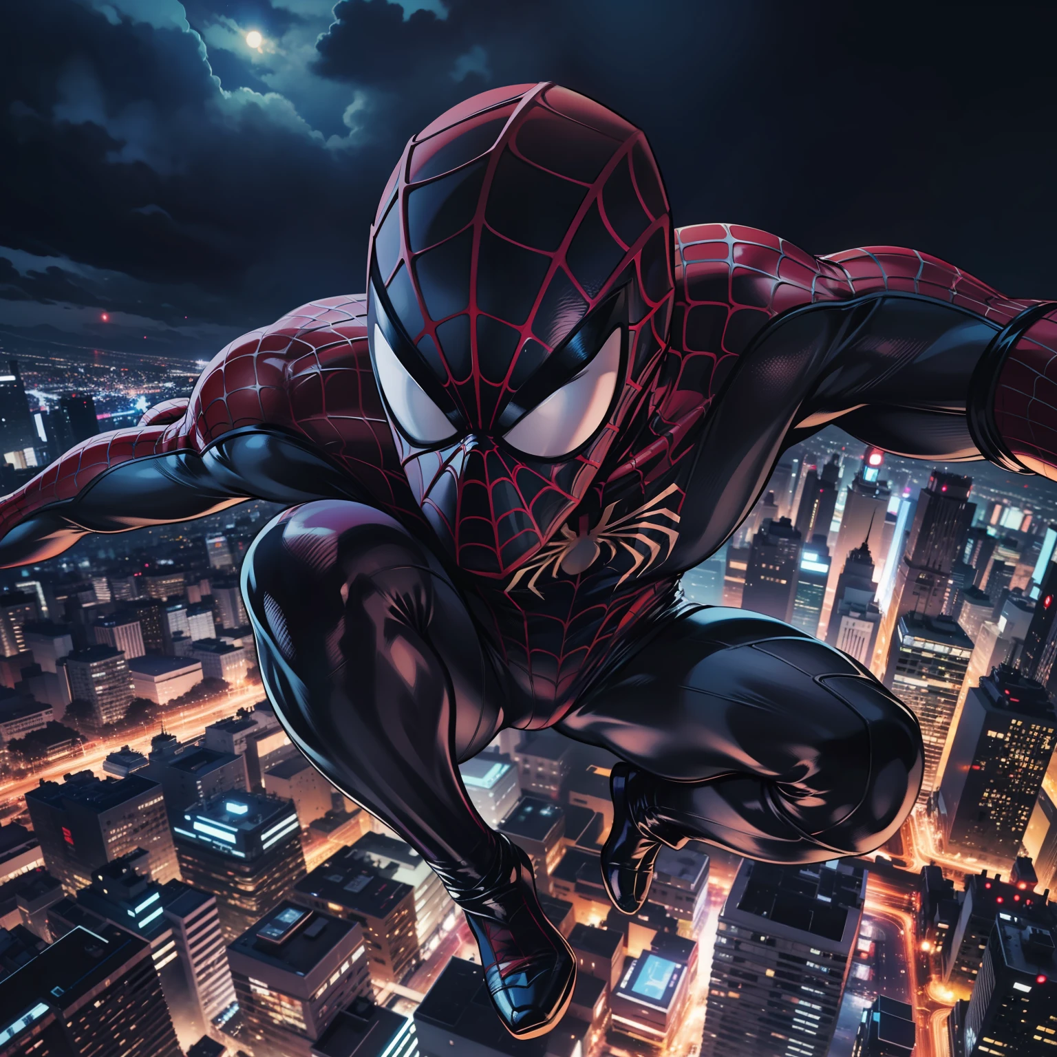 Gopro view of Spider-Man in flight,Wearing a venom spider armor,The background is the city night sky,Fine art films,Portrait photography,ultra-realistic realism,Dramatic light action photos,photorealestic,ultra-clear,high detal,8K,
