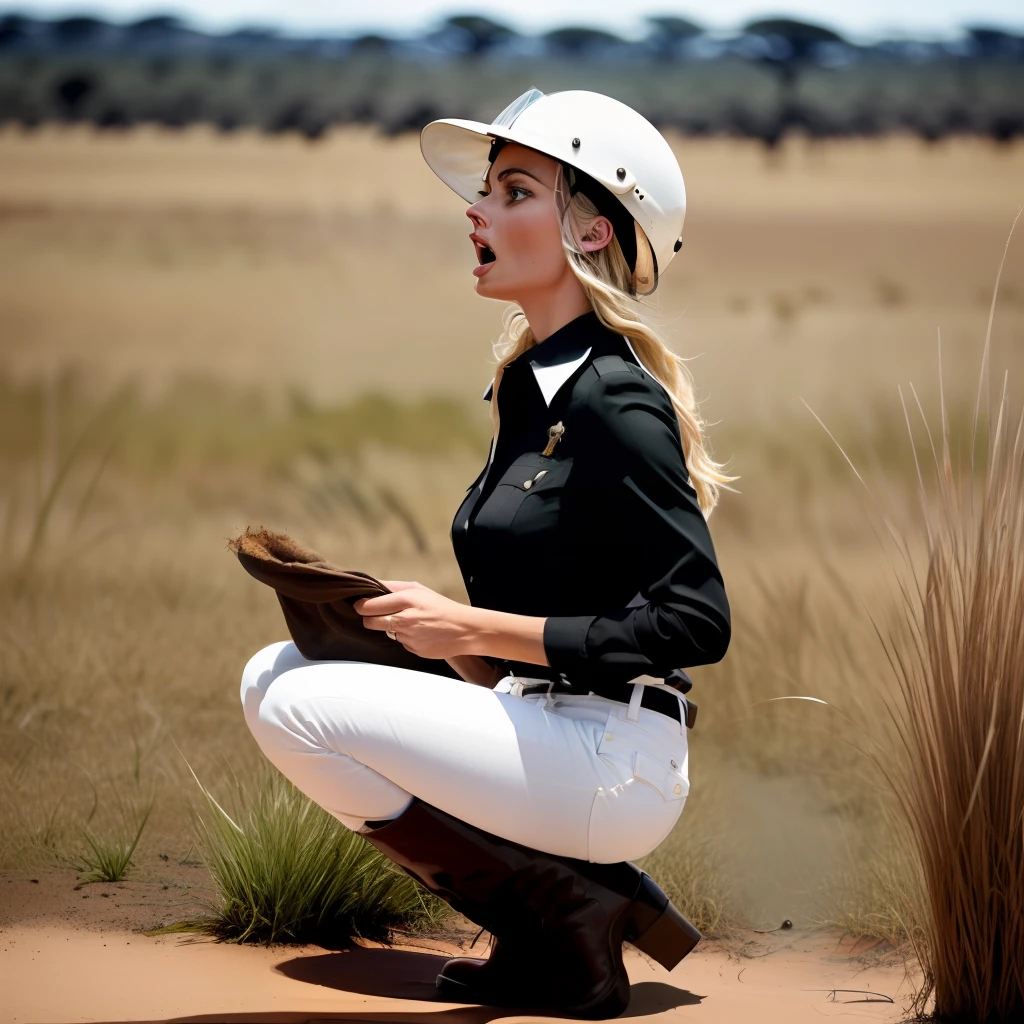 Melodramatic scene. strong legs struggle the sticky, gooey, elastic, black tar seep. panicked, horrified screams. gorgeous creeping, craven, safari explorer, gorgeous margot Robbie sinks into a wide, flat, sticky, black, natural glutinous tar seeps, tall grass savanna. White pants tucked into brown knee-high boots, white collared blouse, tricked into the tar. terrified, agape, horrified screams, guilty, greedy. desperately reaching for help. white short brim pith helmet.