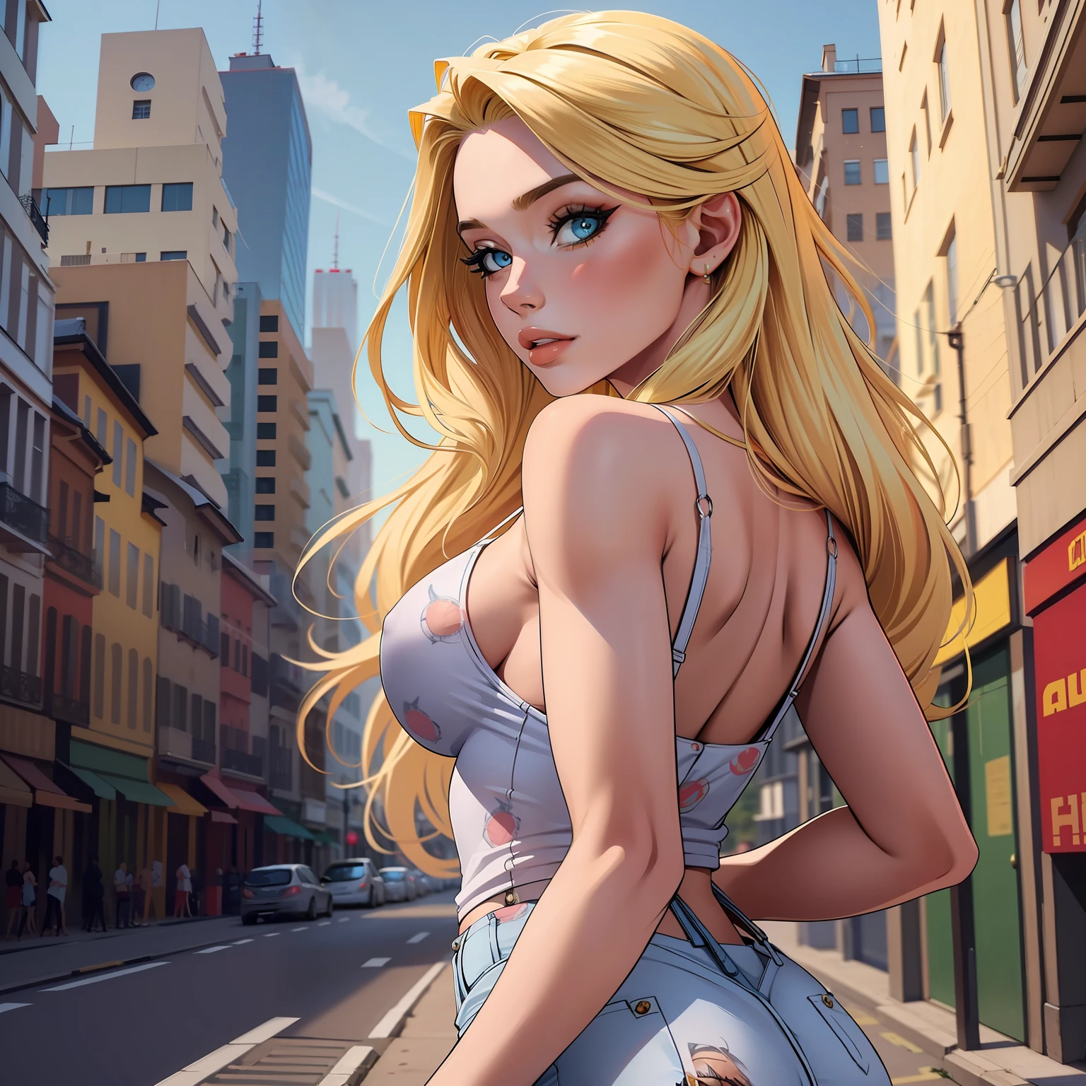 alta qualidade, mulher, hair blonde, na cidade, dinamic poses, olhos azuis, casual clothes