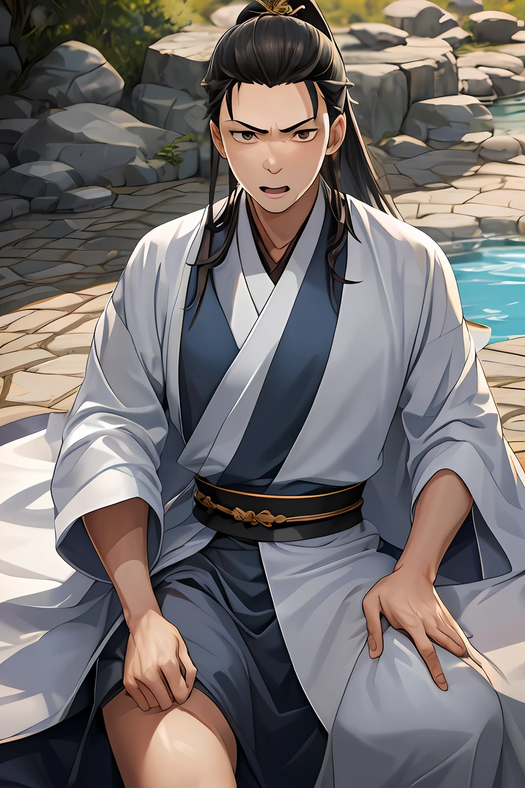A high resolution, Sharp focus, Pixiv masterpiece, ((Complicated details)), highly detailed, natsuki_subaru, 1 man, with her mouth open,full bodyesbian, with brown eye, brunette color hair, Hanfu costume,straight,Robe,Handing over,look from down