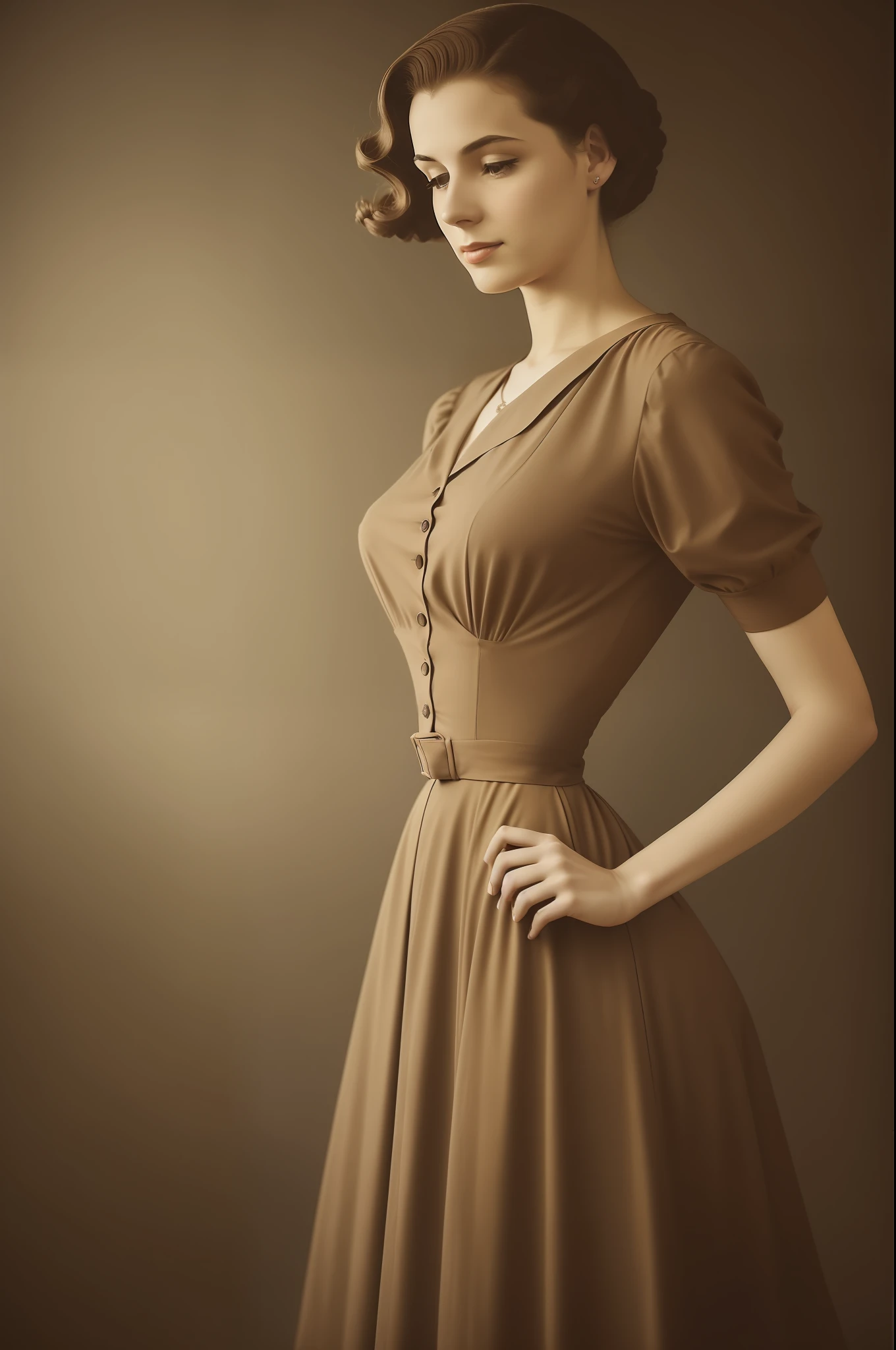 misty atmosphere, portrait of a woman in light brown dress, 1950s, post-war era,