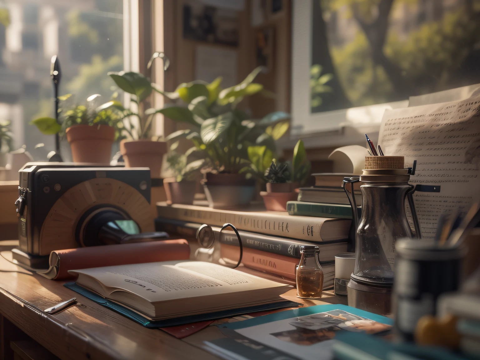 High-detail RAW color photography, Writer's desk, (higly detailed, hyper-detailing, Entanglement), (lens glare: 0,7), particle fx, ray traced, 电影灯光, Shallow depth of field, photographed with Sony a9 II, 50mm wide angle lens, sharp-focus