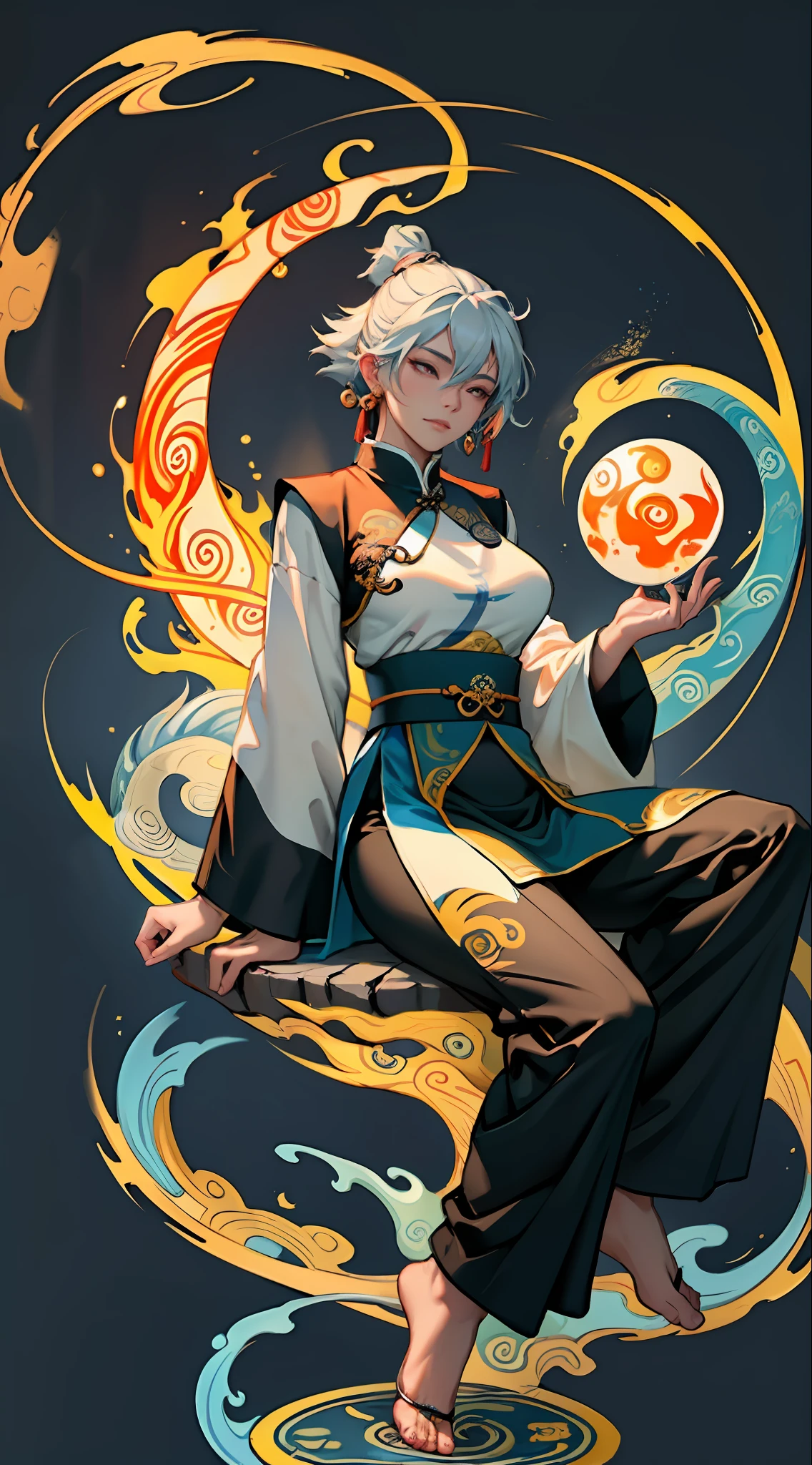 (harmony, balance, yin-yang), Chinese silk painting, Tai Chi principles, fluid motion, interconnected elements, the interplay of contrasting forces, Daoist philosophy, a touch of the I Ching, warm and cool color palette, reflective art, inspired by Laozi, Zhuangzi,  Yin Yang diagrams, Taijitu, the Bagua, the fusion of the spiritual and the physical,1girl,solo, grabbing breasts,, daoist, summon magic,  cinematic lighting,  fire and ice split, bagua background, circular bagua, yi yang, daoist practice, mediation sit, buddha sit,  spiral loong, cloud loong at the top,