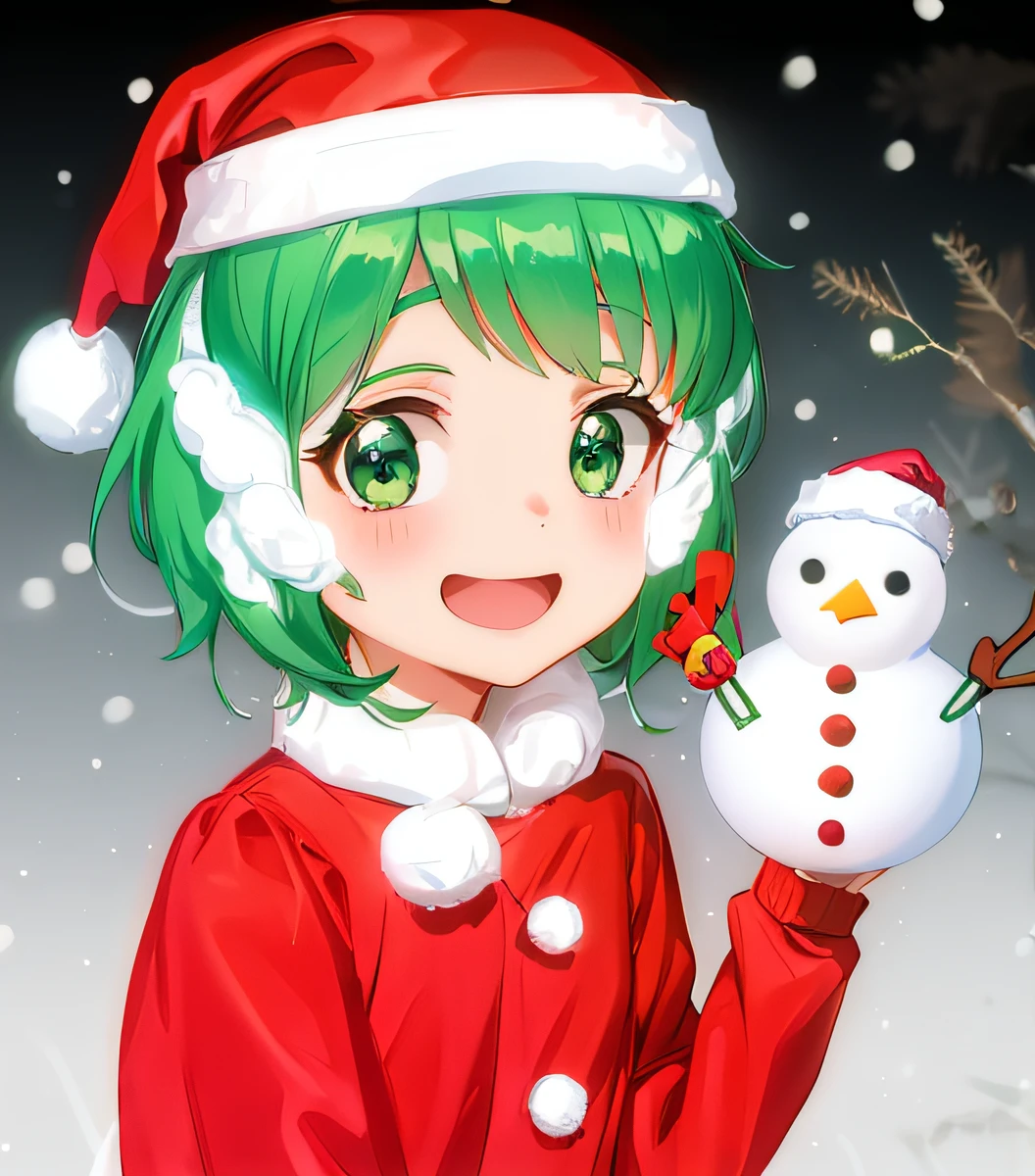 Green hair,short-hair,Santa Clothes,Santa Hat,Anime girl wearing snowman gloves on her left hand,