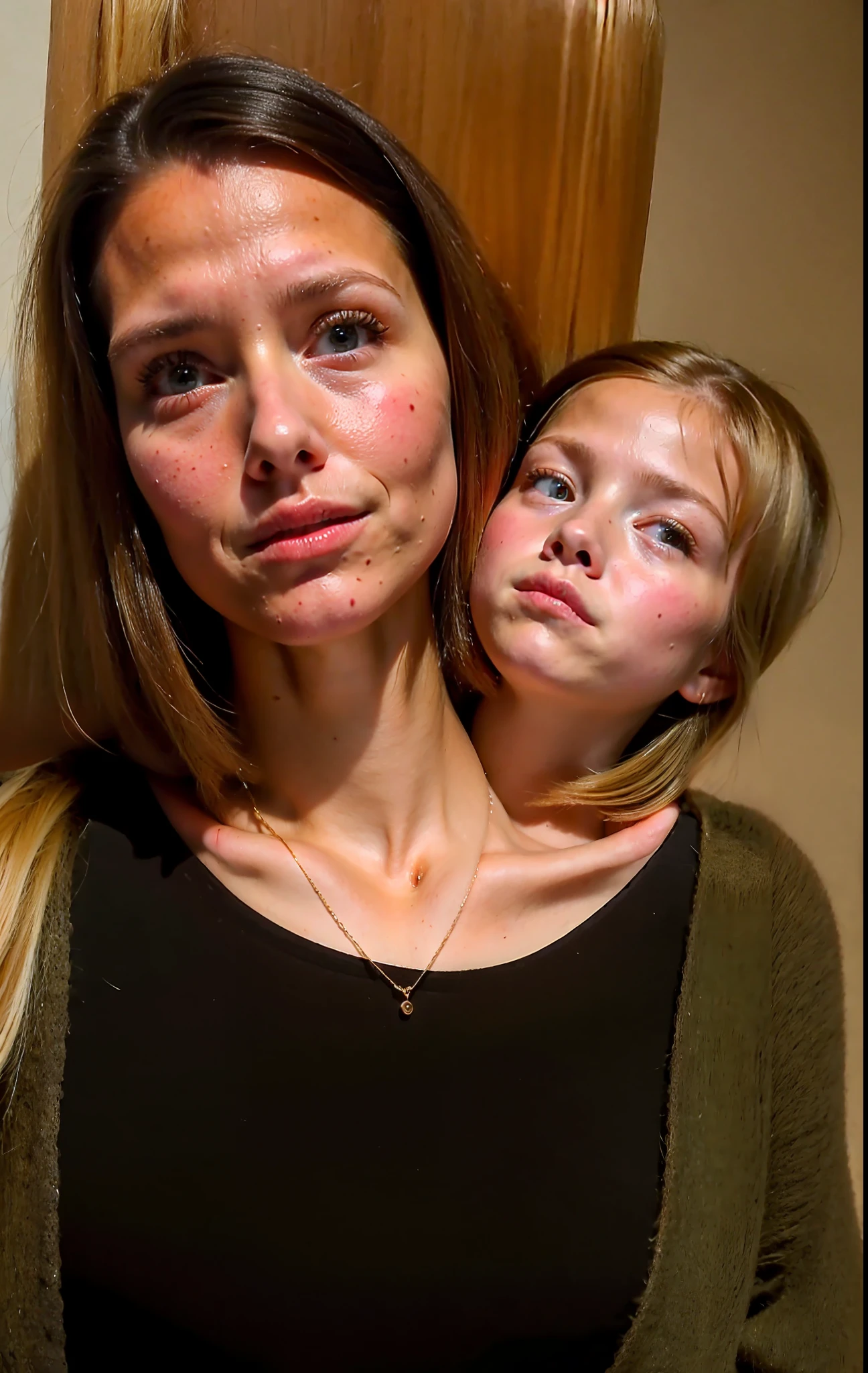 2heads, two headed girl, mom and daughter conjoined to each other, (one head is a young child:1.5), (one torso:1.5), (female:1.5), (blonde:1.5), (two heads attached to one body:1.4), conjoined twins, heads side by side, one body, young, uncomfortable, barefoot, bare breasts