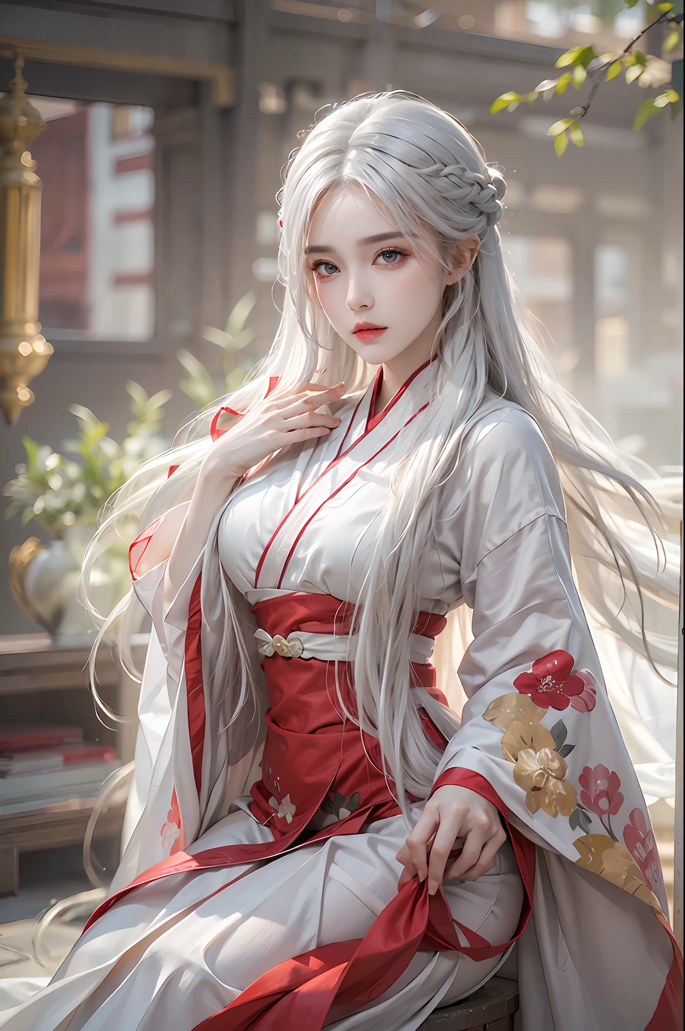 photorealistic, high resolution, 1 women, solo, hips_up, hips up, beautiful eyes, look at viewer, close lips, detailed face, white hair, long hair, red wedding hanfu