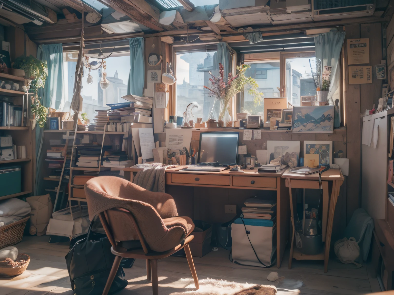 High-detail RAW color photography, Writer's desk, (higly detailed, hyper-detailing, Entanglement), (lens glare: 0,7), particle fx, ray traced, 电影灯光, Shallow depth of field, photographed with Sony a9 II, 50mm wide angle lens, sharp-focus