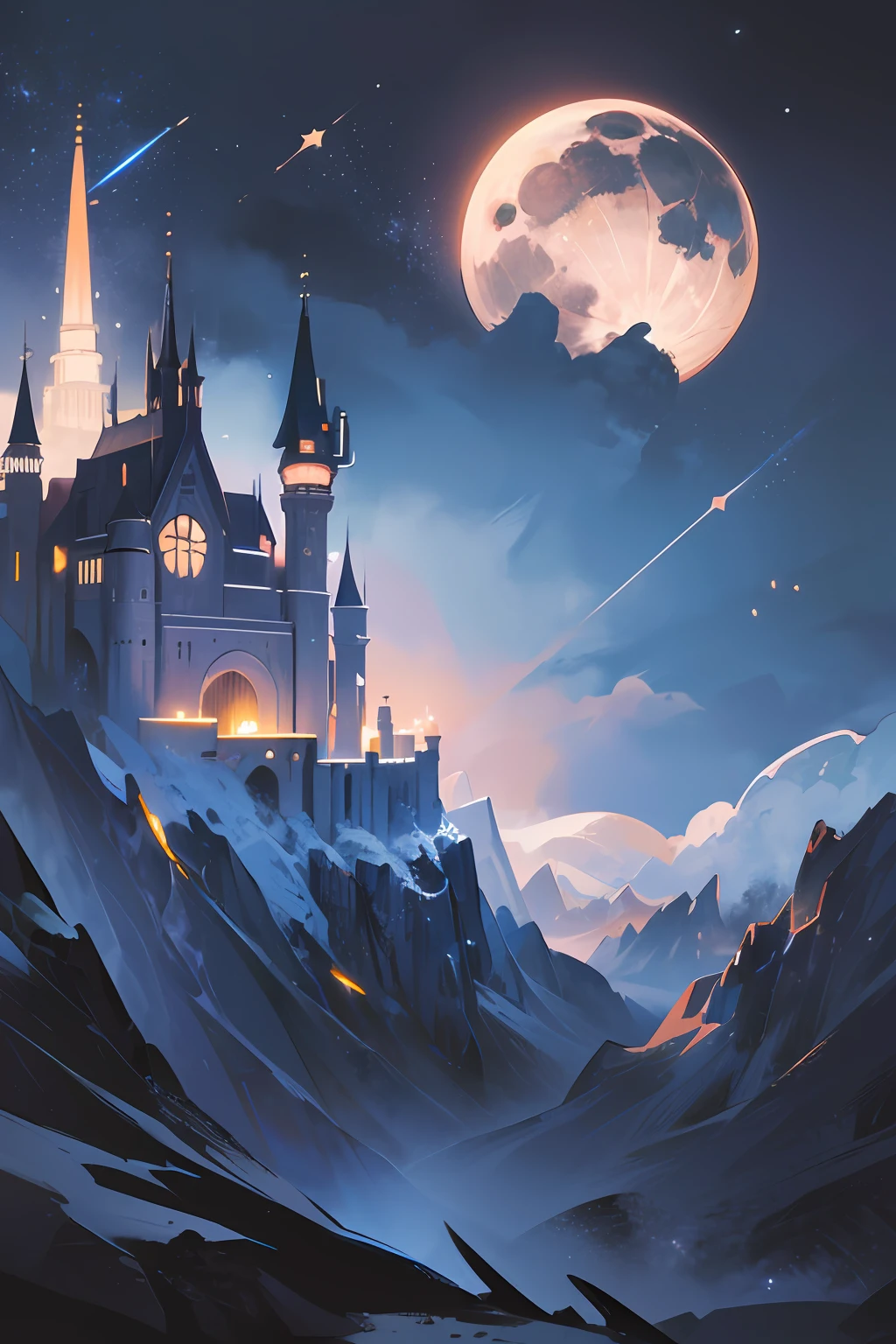(masterpiece:1.2), best quality ,midjourney, {{{best quality}}}, {{ultra-detailed}}, {illustration}, cinematic angle, {detailed light},cinematic lighting. scenery, solo, sky, star (sky), midnight, moonlight, night, castle, outdoors, fantasy, light particles, very wide shot