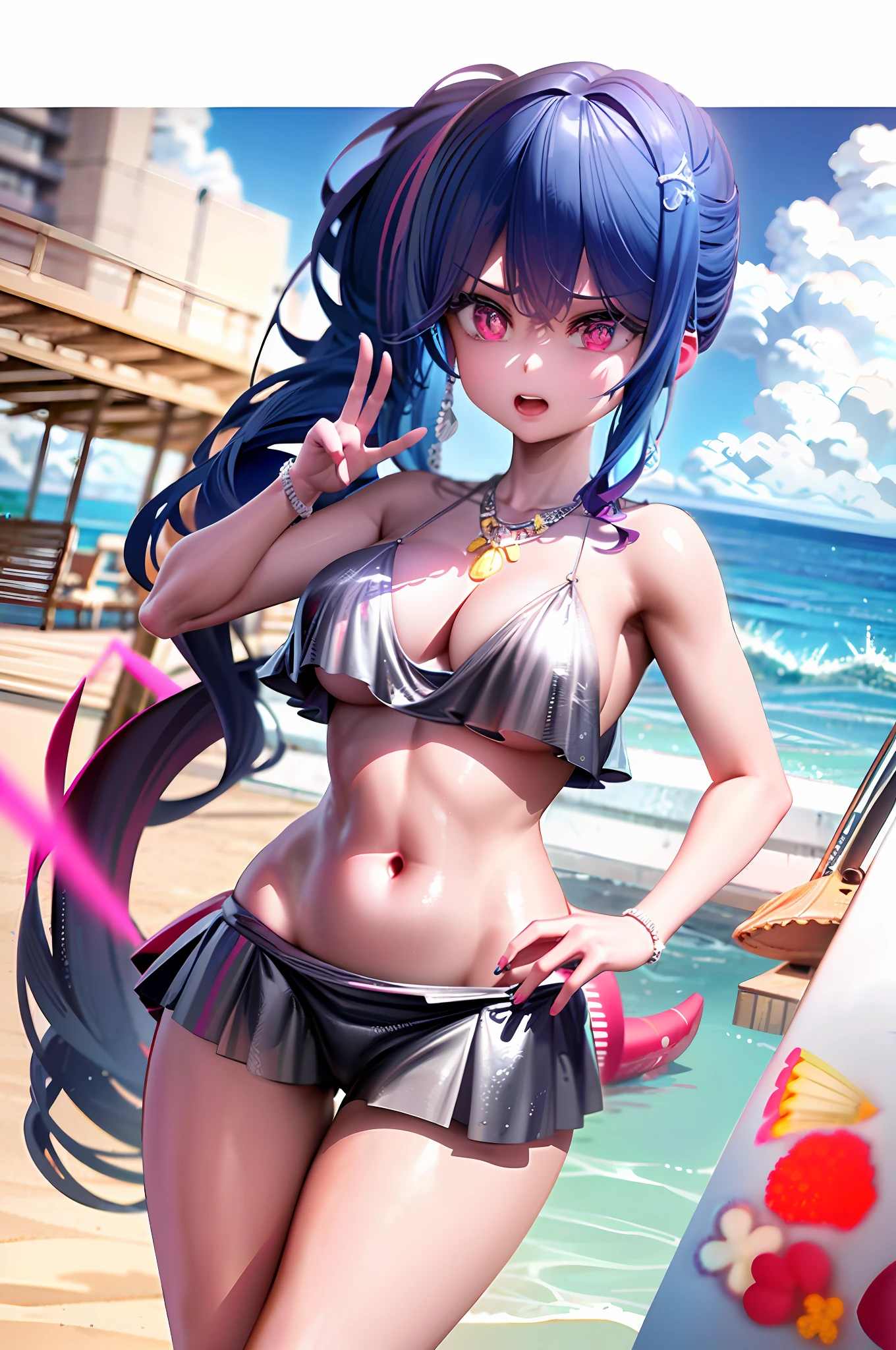 Anime girl in bikini and beach lifeguard, Kantai collection style, swimsuit, Splash art anime , Anime moe art style, in a bathing suit, Official artwork, Attire: Bikini, trending on artstation pixiv, realistic bikini, Detailed digital anime art, in the beach, blue bikini, bathing suit, Extremely detailed Artgerm,Double breasts,Bigchest