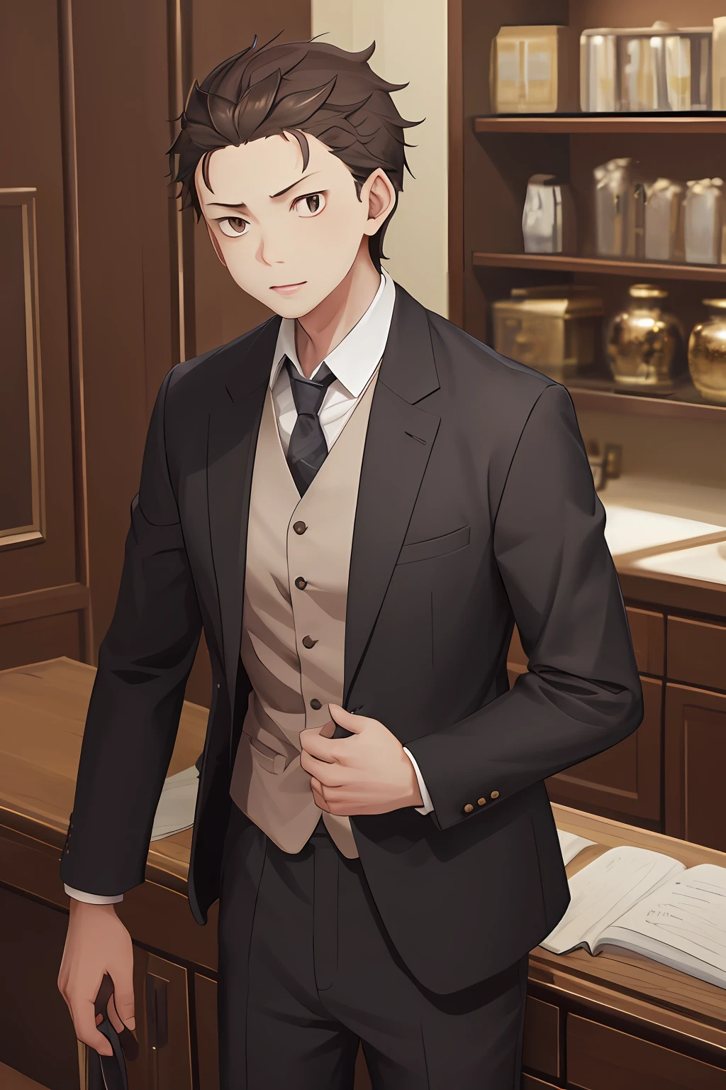 A high resolution， Sharp focus， Pixiv masterpiece， （（Complicated details））， highly  detailed， natsuki_subaru， 1 man， full bodyesbian， with brown eye， brunette color hair， Suits，