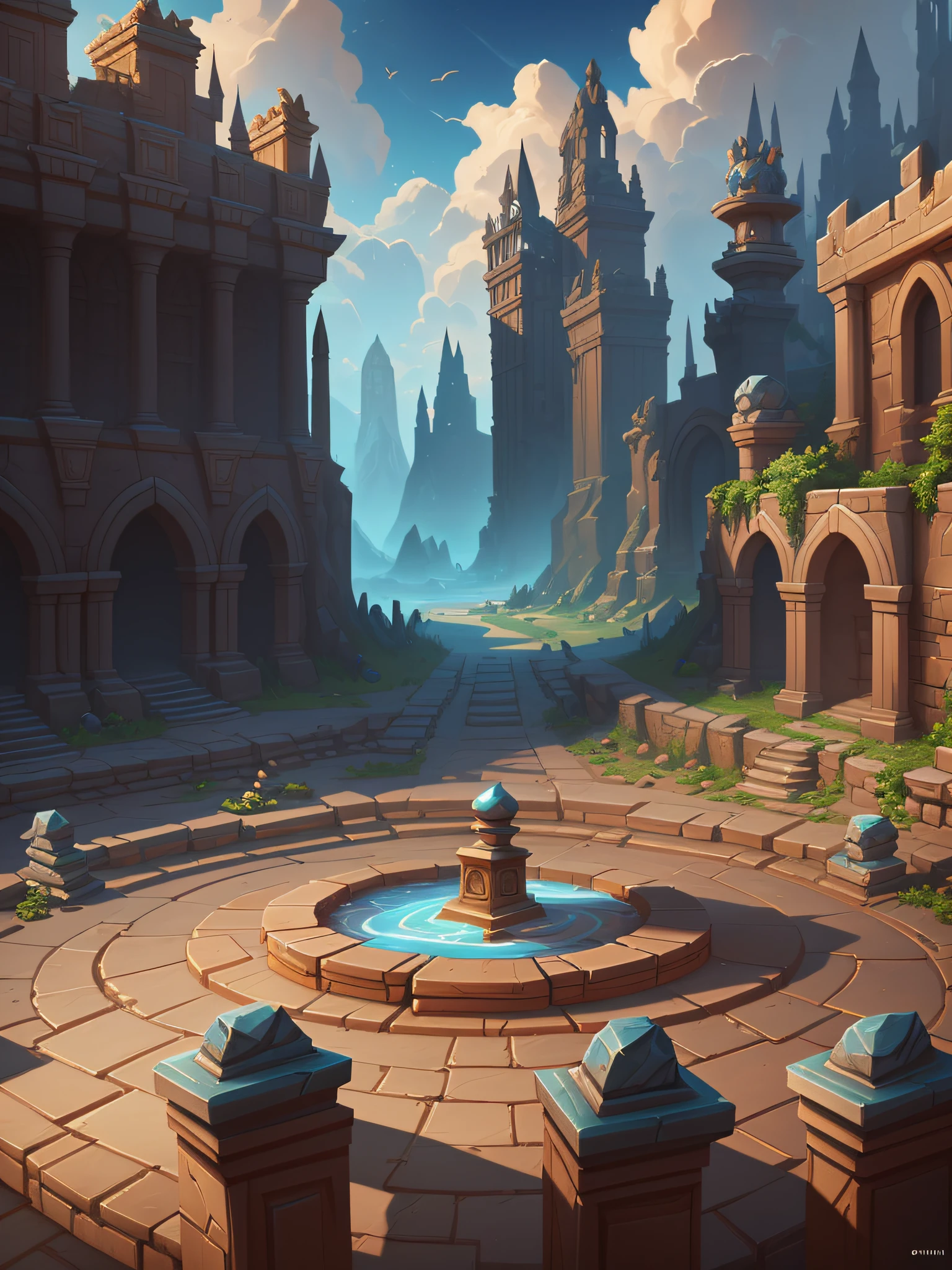 odin's stone arena background,Arena, Round stone table in the middle,arena background,Ornate tall stone pillars,Stone statues,hearthstone concept art, heartstone original art style, hearthstone art style, concept art magical highlight, Official Splash Art, background artwork