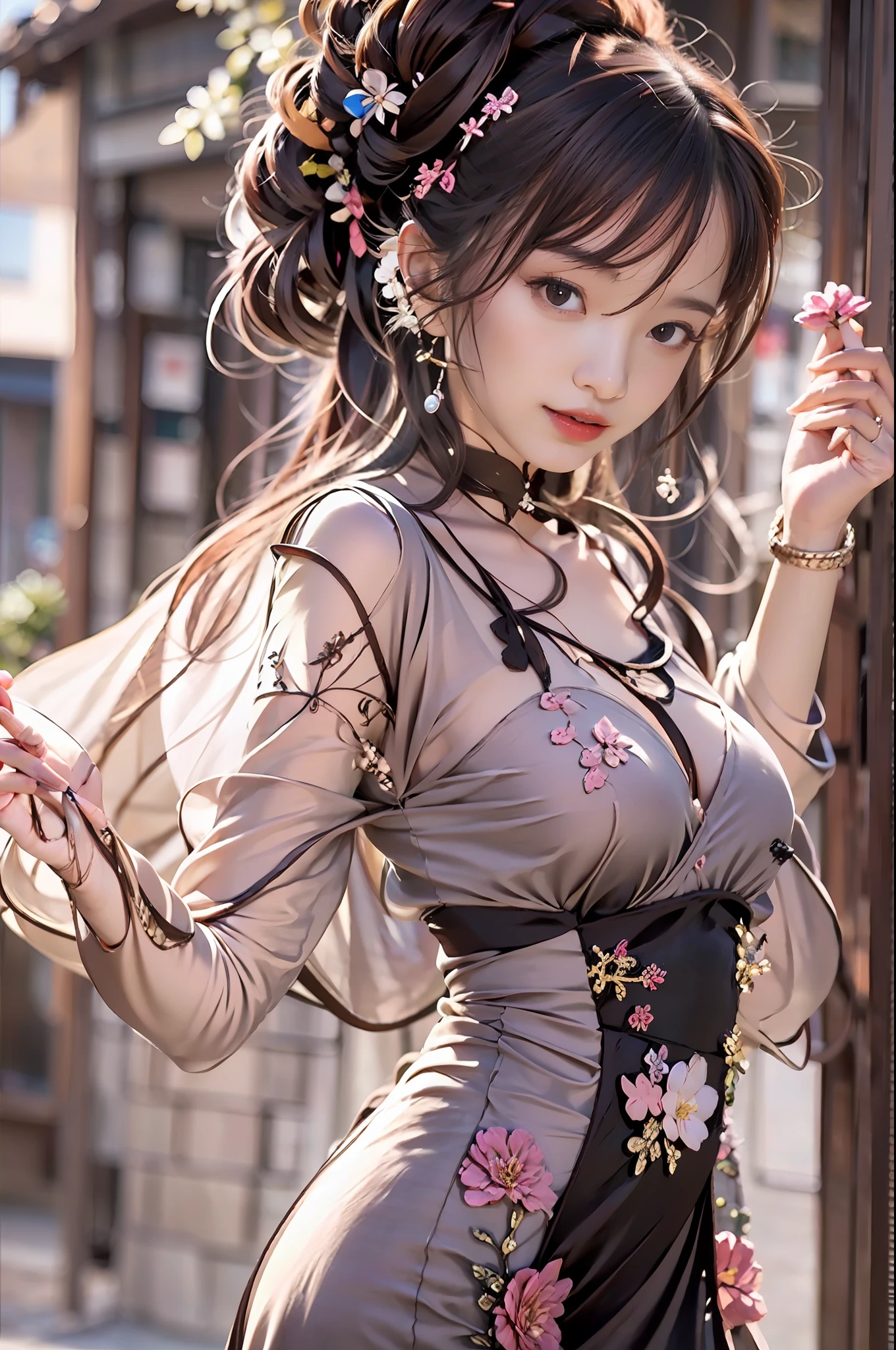 ((Top Quality, 8K, Masterpiece: 1.3)), Cowboy Shot, Very Cute Beauties, 1 Girl, (Beautiful: 1.3), (Abs, Slender Figure: 1.1), Sharp Focus, ((Intricate Details))), High Detail, Upper Body, One Girl, Black Twins Bangs, Chinese Characters, (Luxury Satin Cleavage Cut Out Evening Cheongsam: 1.5), Lace, Detailed evening dress, 8K, 8K resolution, clean detail face, detail body, detailed clothes, sharp images, hyper sharp images, Japan anime concept art, trending on Artstation, ((Look at the viewer, turn to the viewer, stare at the viewer: 1.3)), seductive sexy pose, (Seductive smile, light smile: 1.35)), pink lipstick, Bokeh, depth field, 8.5 life-size, 8k resolution, (EOS 5D Mark IV, 35mm lens, shot at f1.8), (ancient Chinese street background, simple background without humans, detailed background), ((frame head: 1.3), detailed human hand, perfect human hand, perfect anatomy, perfect proportions, super sharp focus, have a katana