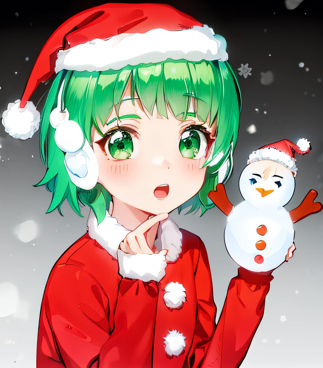 Green hair,short-hair,Santa Clothes,Santa Hat,Anime girl wearing snowman gloves on her left hand,