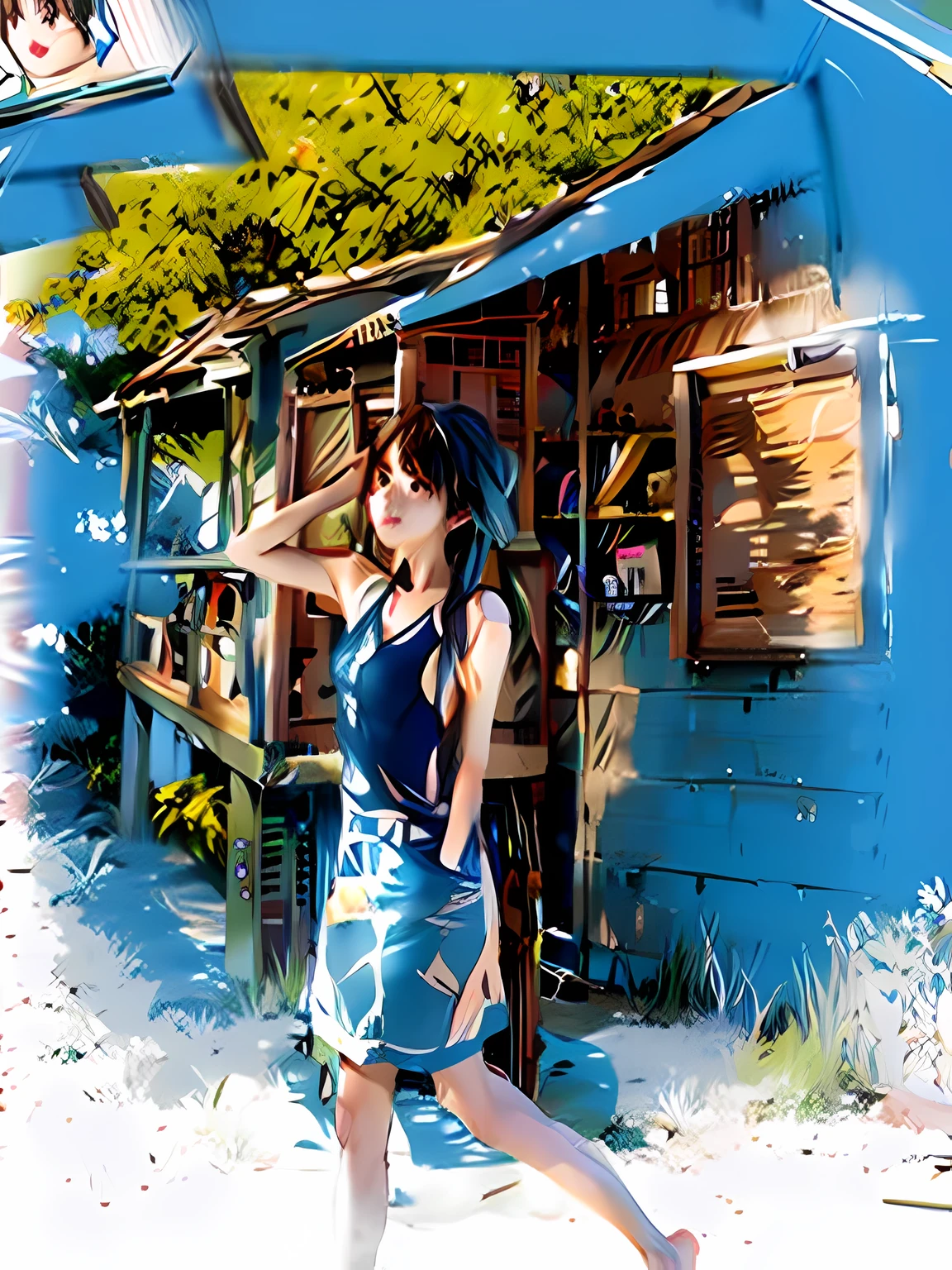 Anime girl in blue dress standing in front of the hut, drawn in anime painter studio, made with anime painter studio, in the style of makoto shinkai, makoto shinkai art style, Digital anime illustration, Makoto shinkai style, inspired by Makoto Shinkai, Makoto Shinkai's style, anime styled digital art