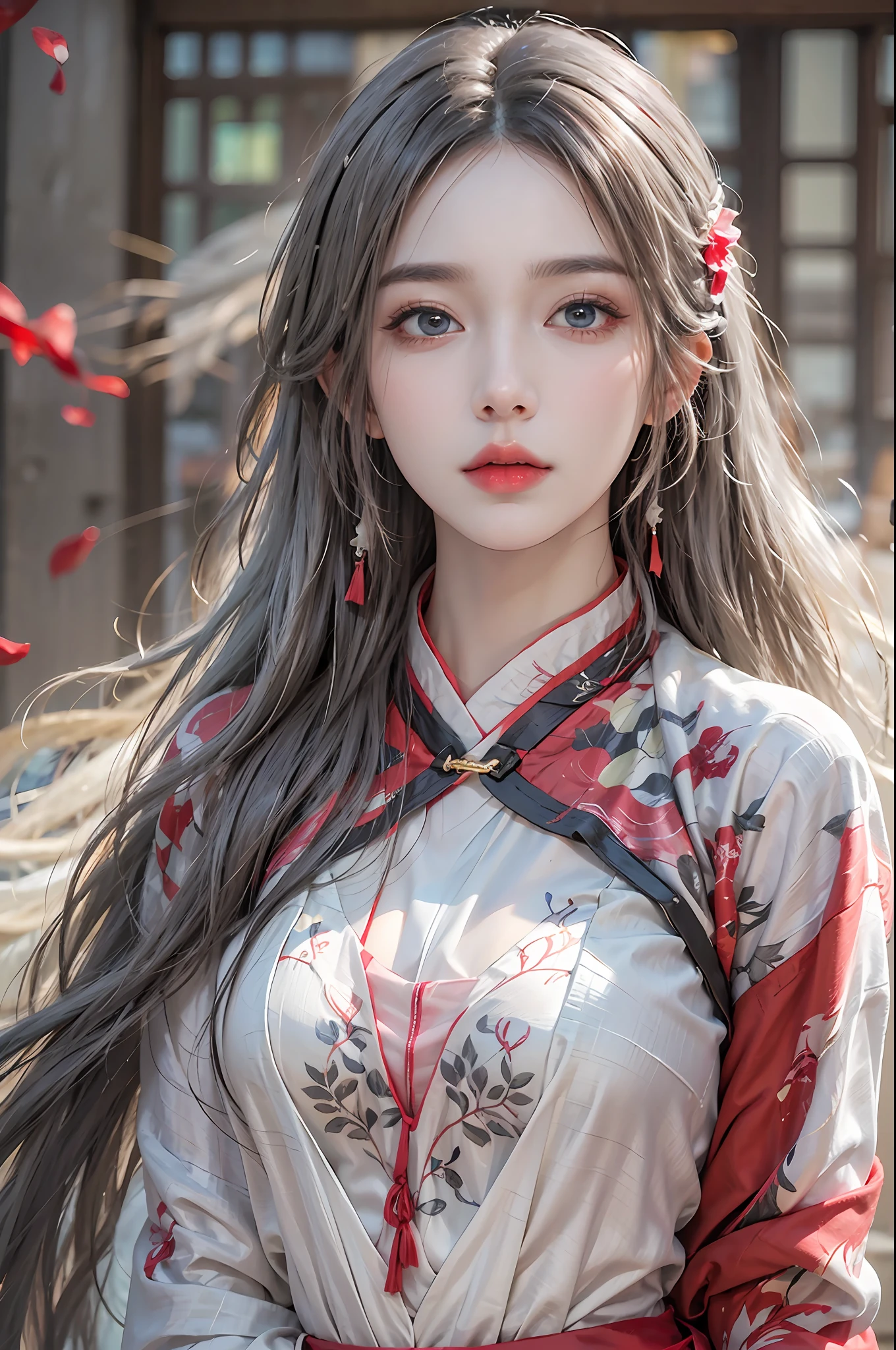 photorealistic, high resolution, 1 women, solo, hips_up, hips up, beautiful eyes, look at viewer, close lips, detailed face, white hair, long hair, red wedding hanfu