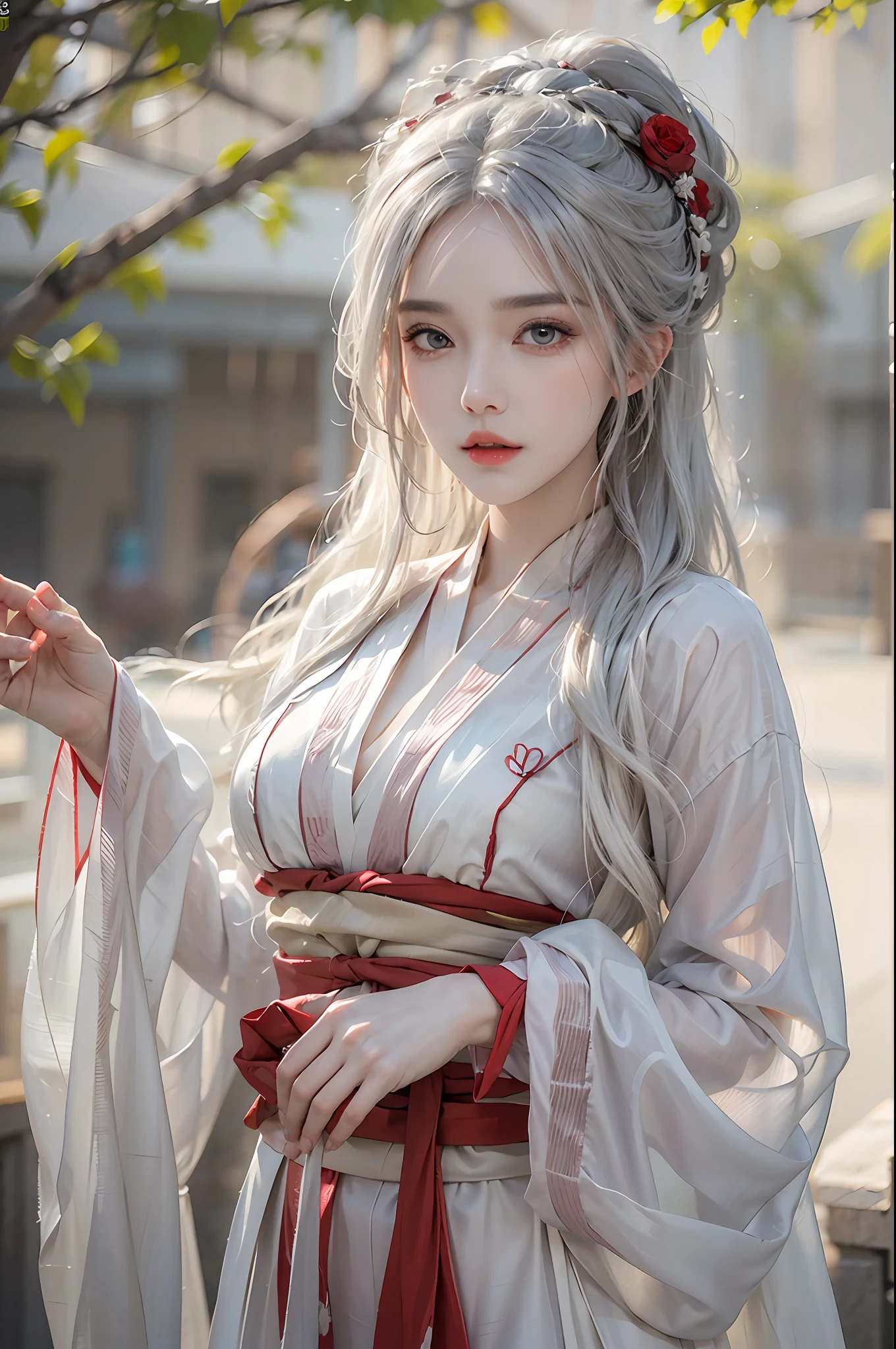 photorealistic, high resolution, 1 women, solo, hips_up, hips up, beautiful eyes, look at viewer, close lips, detailed face, white hair, long hair, red wedding hanfu