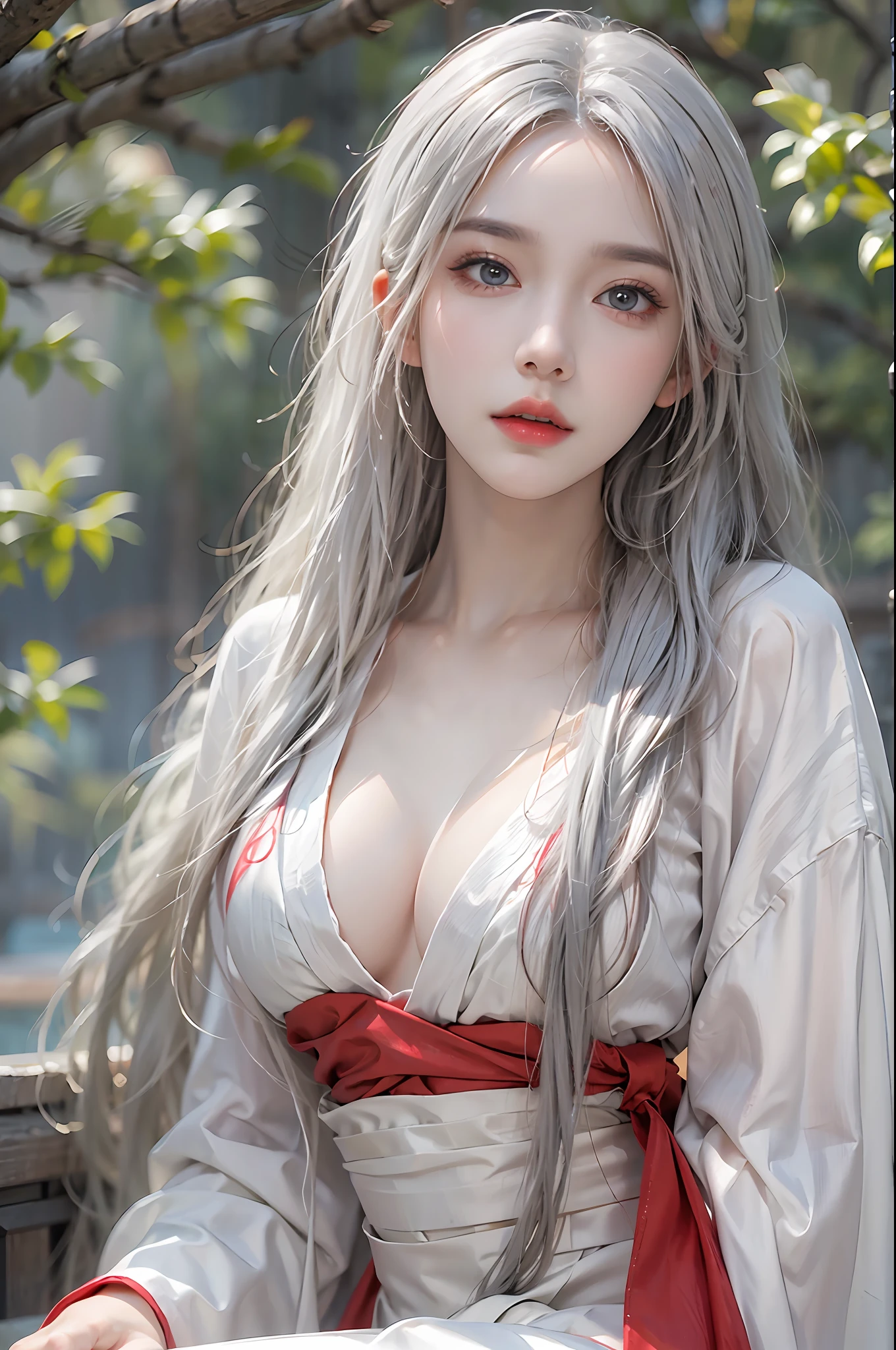 photorealistic, high resolution, 1 women, solo, hips_up, hips up, beautiful eyes, look at viewer, close lips, detailed face, white hair, long hair, red wedding hanfu