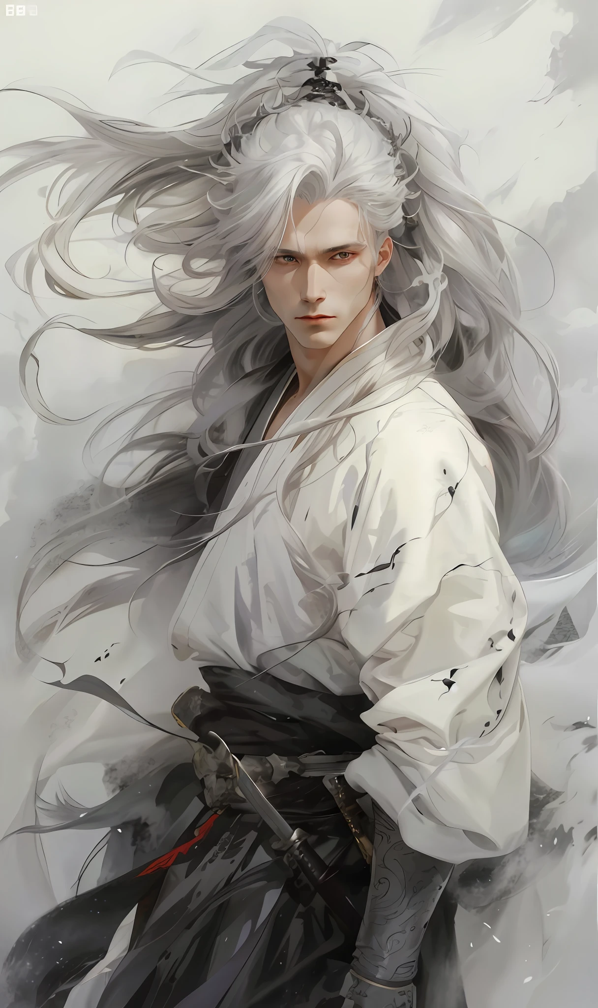 Close-up of a long haired man holding a sword, white hanfu, black embroidery, demon killer, handsome guy in art, long white hair, white long hair, white hair god, flowing hair and robes, beautiful character painting, anime character art, anime characters, detailed anime character art, male anime characters, white hair, flowing white hair