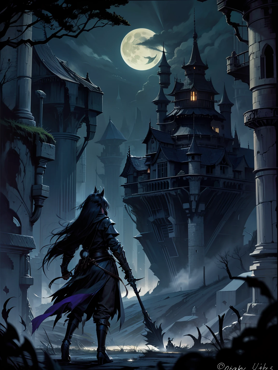 A fortress of fantasy under moonlight,Lonely crow in a black night,Dead trees set against the backdrop of tranquility。