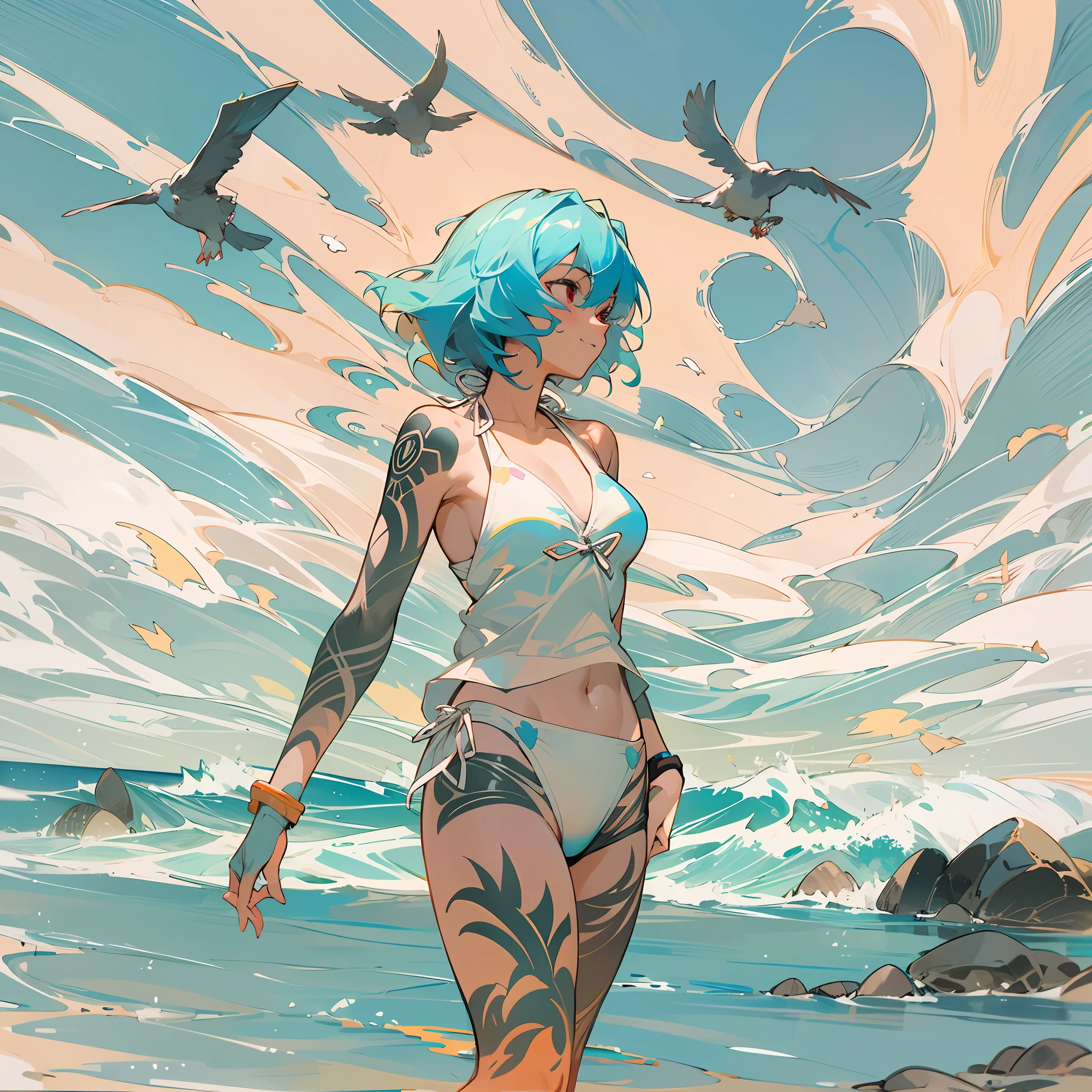 1girl, beautiful eye, smile, Rei Ayanami, blue hair, short cut, red eyes, calm yet slightly emotive expression, black bikini, orange abstract patterns on black base, natural pose, not standing rigid, abstract black tattoo on her body, beach background, hot summer, clear blue sky, distant azure sea, white sandy beach under her feet, cool sea breeze causing a gentle flutter of her hair, silhouette against the bright sun, vibrant colors of summer around her, a tranquil moment of leisure, small waves lapping at the shore, faint footprints on the sand, sea shells scattered around, subtle blush from the summer heat, reflection of the sun on the water's surface, high contrast between her pale skin and the radiant sunlight, hint of the ocean's saltiness in the air, the sound of seagulls in the distance, serene yet lively summer beach scene, tattoo visually blending with the bikini design, enhancing her enigmatic charm.