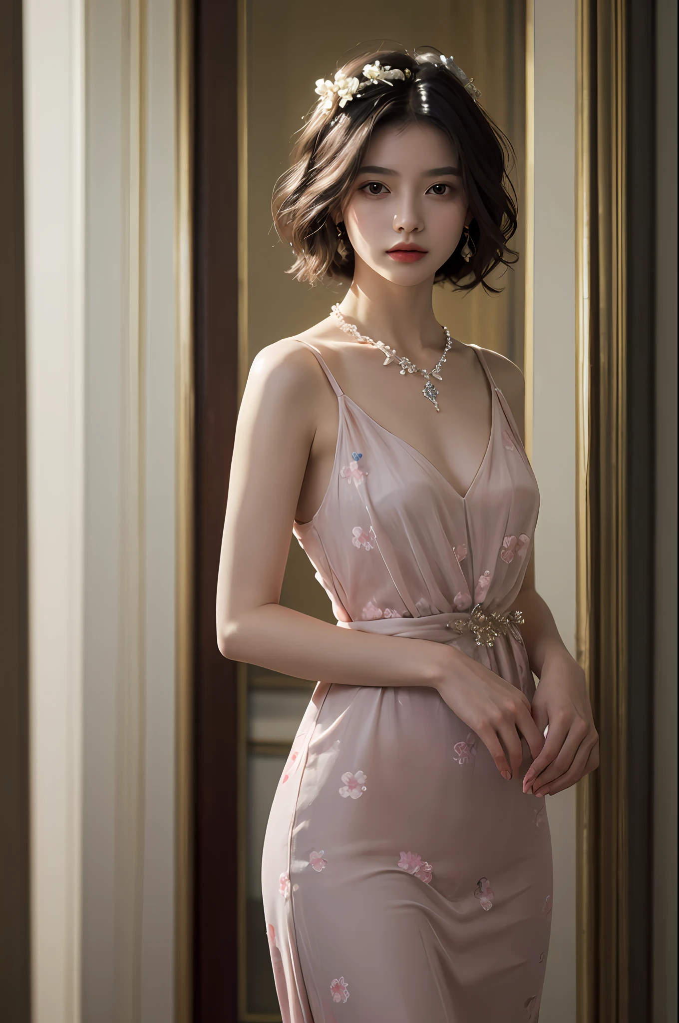 top-quality、​masterpiece、超A high resolution、(Photorealsitic:1.5)、Raw foto、1girl in、murky、deep-shadows、Unobtrusive、cold light、sexy appearance、shorth hair、((very_short_hair))、((Luxury evening dresses))、((Luxurious painting))、((Luxurious necklace))、((Floral hair ornament))、((hair ornament))