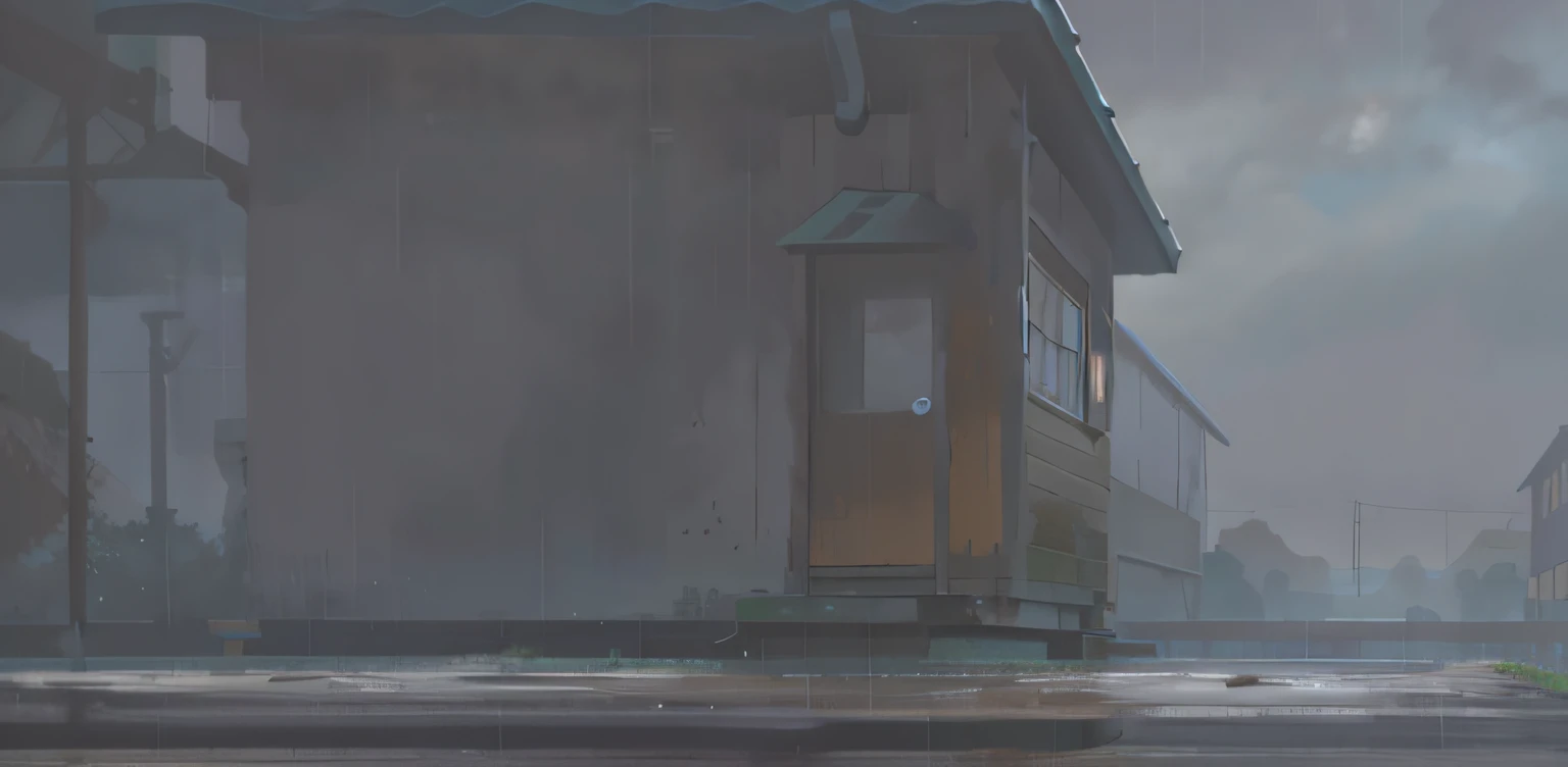 In the rain sits a small house on the platform, makoto sinkai, background-image, fundo de casa, background artwork, [[empty warehouse]] Background, arte de fundo , random background scene, Shinkai sincerely, rain background. By Makoto Shinkai, Stormy weather. Makoto Shinkai，The color is bright
