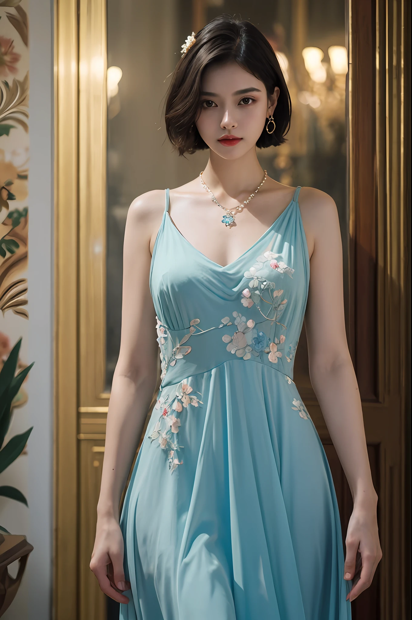 top-quality、​masterpiece、超A high resolution、(Photorealsitic:1.5)、Raw foto、1girl in、murky、deep-shadows、Unobtrusive、cold light、sexy appearance、shorth hair、((very_short_hair))、((Luxury evening dresses))、((Luxurious painting))、((Luxurious necklace))、((Floral hair ornament))、((hair ornament))