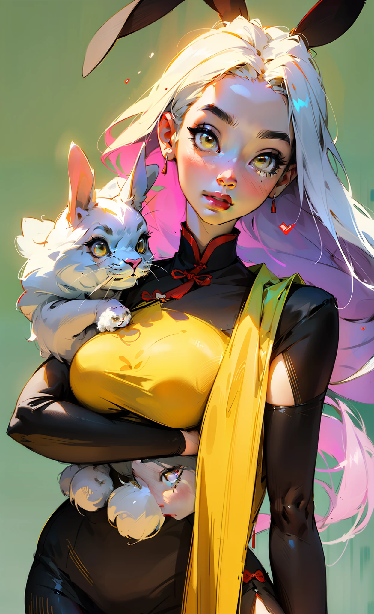 ((Tall and slender beautiful Chinese woman)) ((with 1 rabbit in her arms)), Wearing peony hair jewelry, in Chinese ancient costume, beautifull details, Rich light and shadow, Absolutely beautiful female body, Willow eyebrows, gentle eyes, Flowing skirt, floating clouds, watercolour, ink, Harmonious and unified tones, Heart Rendering, Perfect Art, Fresh colored background, ancient Chinese painter in the style of Qiu Ying, soft shadows, Clear Focus, Cinematography, center composition, Poster design, Cinematography, the panorama, 12), -- at 6, Fine and clear facial features, ((detailed realistic face and eyes)), with her long white hair, ((Detailed realistic figure of a girl)), (big yellow eyes:1.2), Burst breasts, (Lovely Medium Breasts), ((perfect anatomy:1,5)), (shapely body), sexy stockings, Beautiful slender legs, sexypose, (full-length photo:0.6), Clean five fingers.