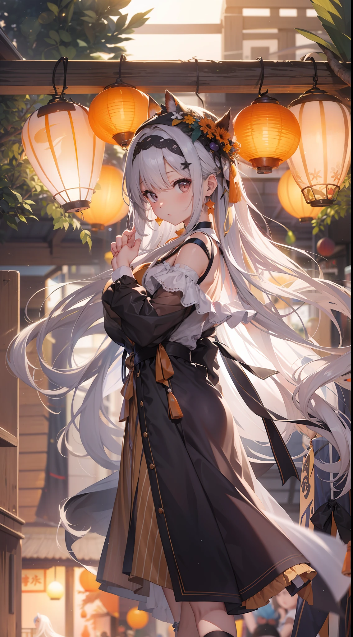 Top image quality Original Characters、Volume Lighting、Shine black hair long hair、summer clothing、Summer Festivals、early evening、Orange sky、paper lanterns