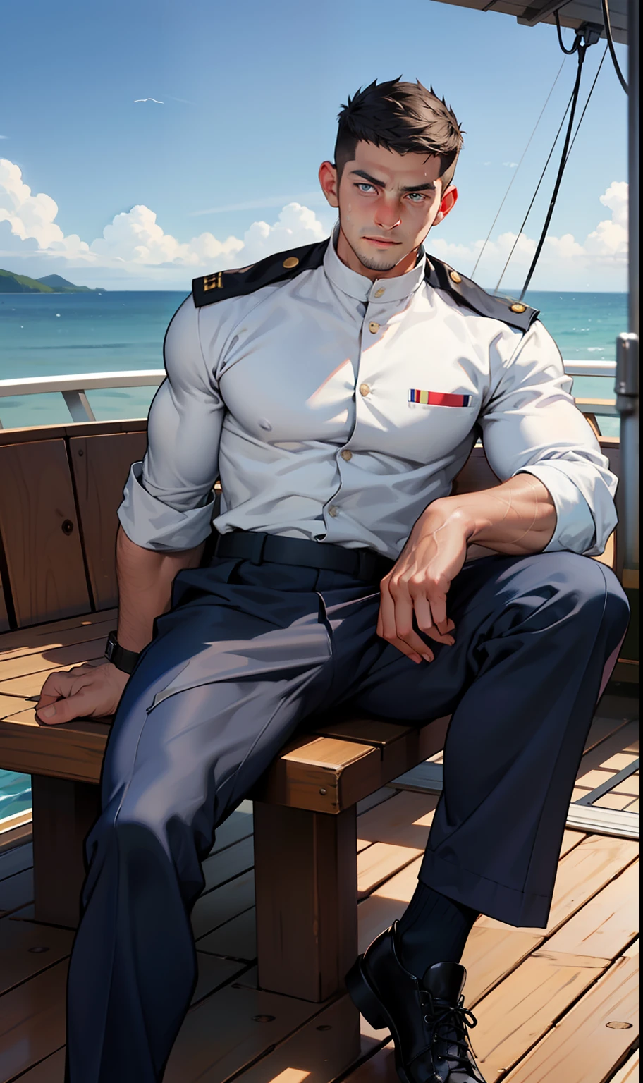 masterpiece, best quality, face, natural eyes, 1man, european, big feet, black socks, full body, large bulge, long legs, looking at viewer, 30 years old, muscled and mature, sea, a navy soldier, white navy army uniform, wearing balck leather shoe, short haircut, sitting on a ship deck with legs streched, deck, ship, sea, ship deck, blue eyes, flush, organism, face covered with white fluids, sweating, tight cloth, erecting