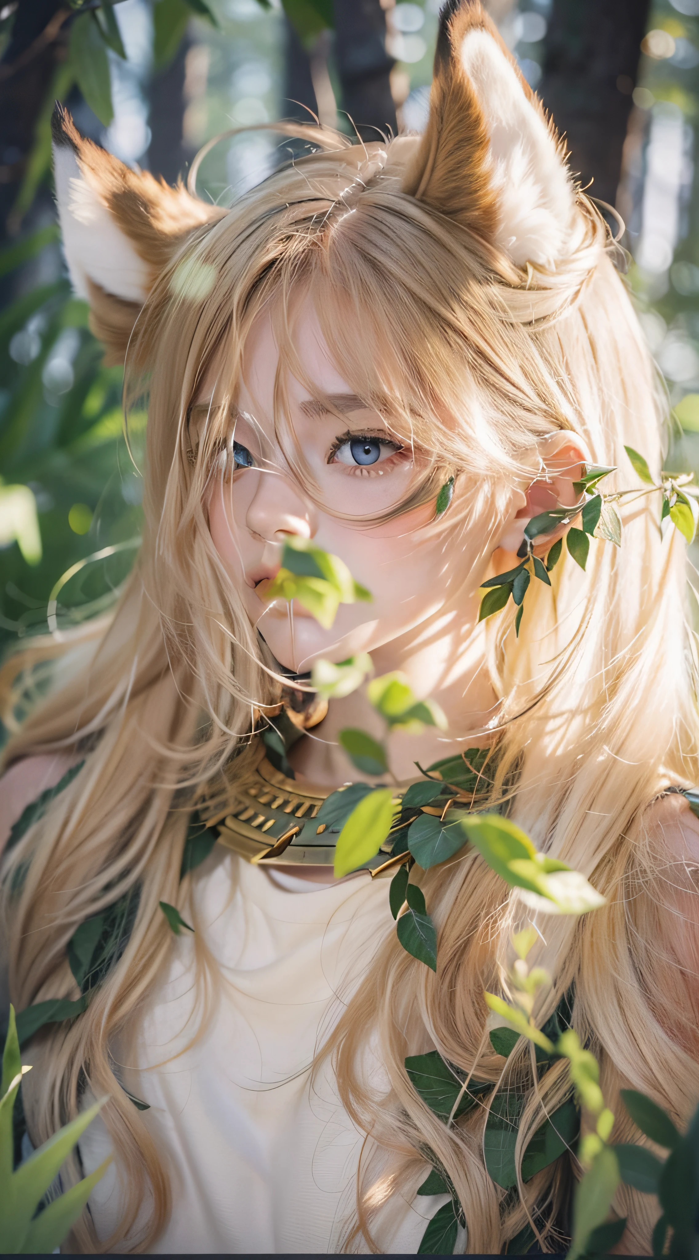 whaite hair,Fox ears,teens girl,Pale golden eyes,with fair skin,soio,Peaceful forest,the night