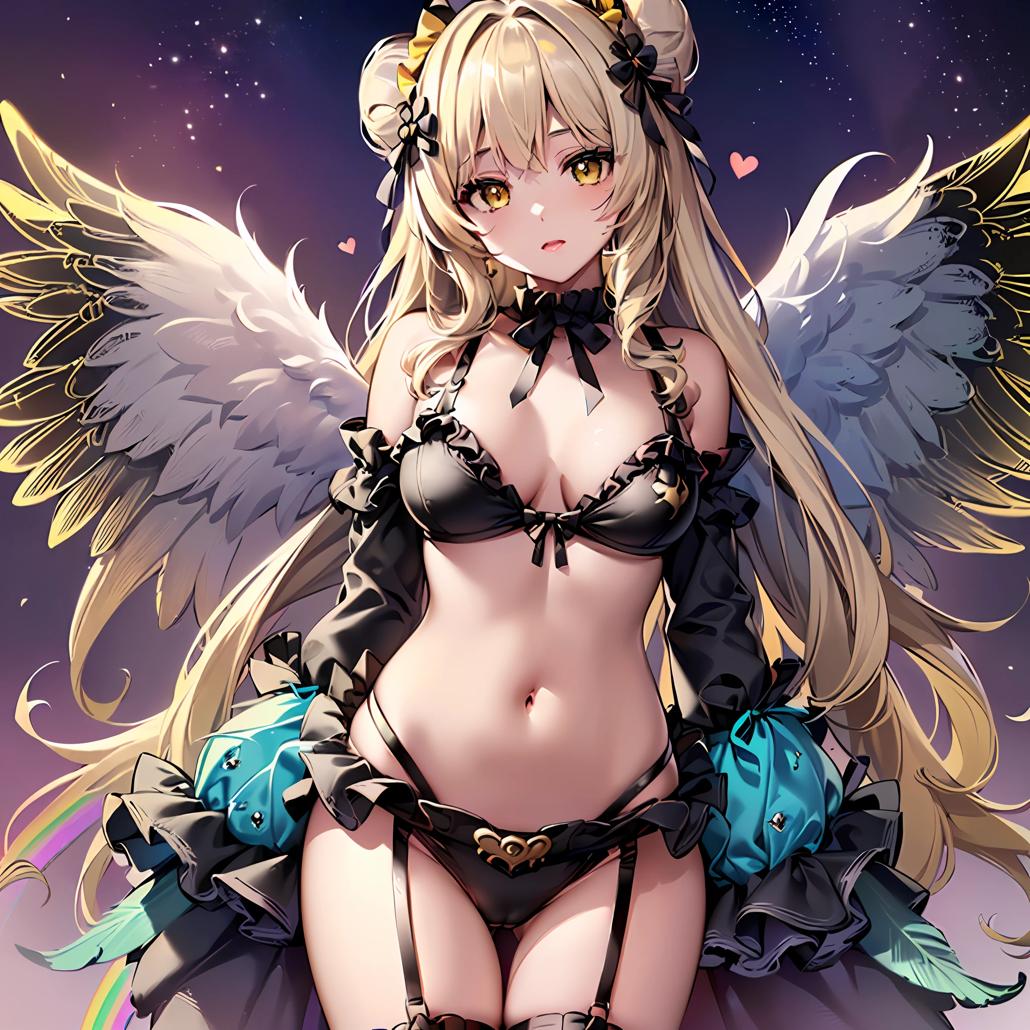 (masutepiece) ((Kaleidoscope)) ((Harmonious)) (ultra-quality) (very exquisite) (Professional Balance) (absurderes) (Wide Shot) (1人の女性) ((Upper body)) ((fullllbody)) ((G Cup Breasts)) (Fine-grained body lines) ((realisitic:0.75)) (zettai ryouiki) (Hi-Res Textures) (Clearly draw the shape of the nose) ((Exposure 1:0.25)) (((Shiny skin))) (X Hair Ornament) (Ornament Heart(Bracelet、gargantilha、ear ornament) (((((Beautiful little bun hair in yellow color))))) (Wave hair) (faithfully、Depiction of correct finger alignment) (faithfully、Depiction of the correct hand) (It clearly depicts the reflection of small white light in the pupil, which adds depth to the pupil) (((top-quality、Elegant yellow detail eyes))) (((Ultra Definition Masterpiece Highest Quality:1.2 4DCG high quality))) (Highly detailed face and eyes) (24-year-old woman) (Model body type) (Slender and long legs) (A slender) (mascara) (eyeshadows) (eye liner) (Glossy lipstick) (lip stick) (((((Brown × Turquoise Ash× Angel Ribbon× Micro Micro Bikini × Ruffles))))) (((G-cup emphasis))) (((NSFW1:1))) (G Cup Cow) (((((Boob Pudding G Cup))))) (Photorealsitic) (8K Character Concept) (((32K HD image quality...)) (conputer graphics) (angelicales、pastels、Feather 1:1.5) (((((Black Yellow Diamond Wing))))) (Freedom of movement、evolve) (Garter belt ruffle frills) (((Add charms to the background))) ((((angelicales)))) ((((Angel's Big Wings 1:1))) ((((Background color rainbow))))