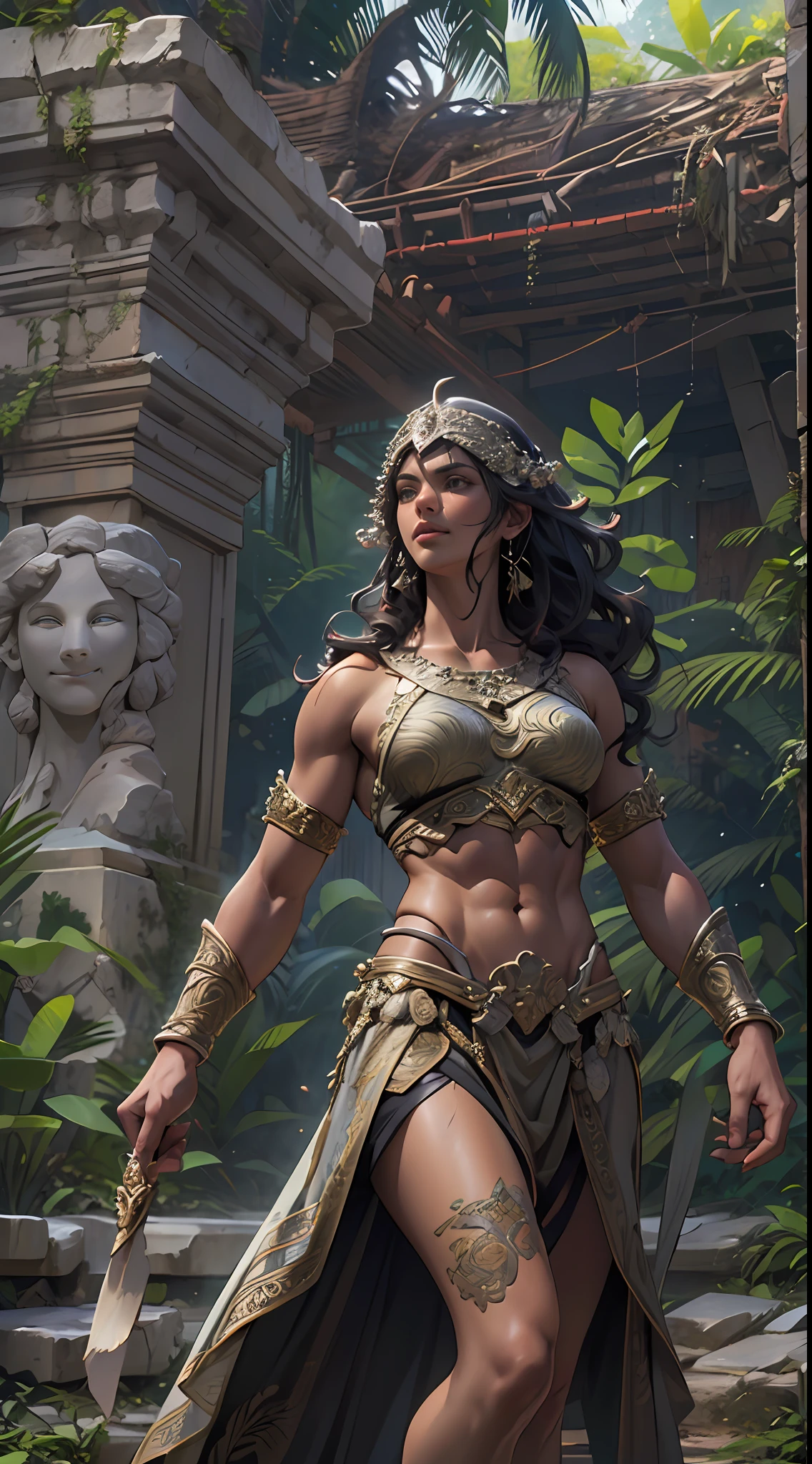 Sculpted warrior, exposed upper torso, legs bared from thighs to feet, flowing long curls, intricate muscular details, photorealistic depiction, 4K resolution. Background: Ancient temple ruins in a lush jungle,32k uhd, best quality, masterpiece, super detail, high details