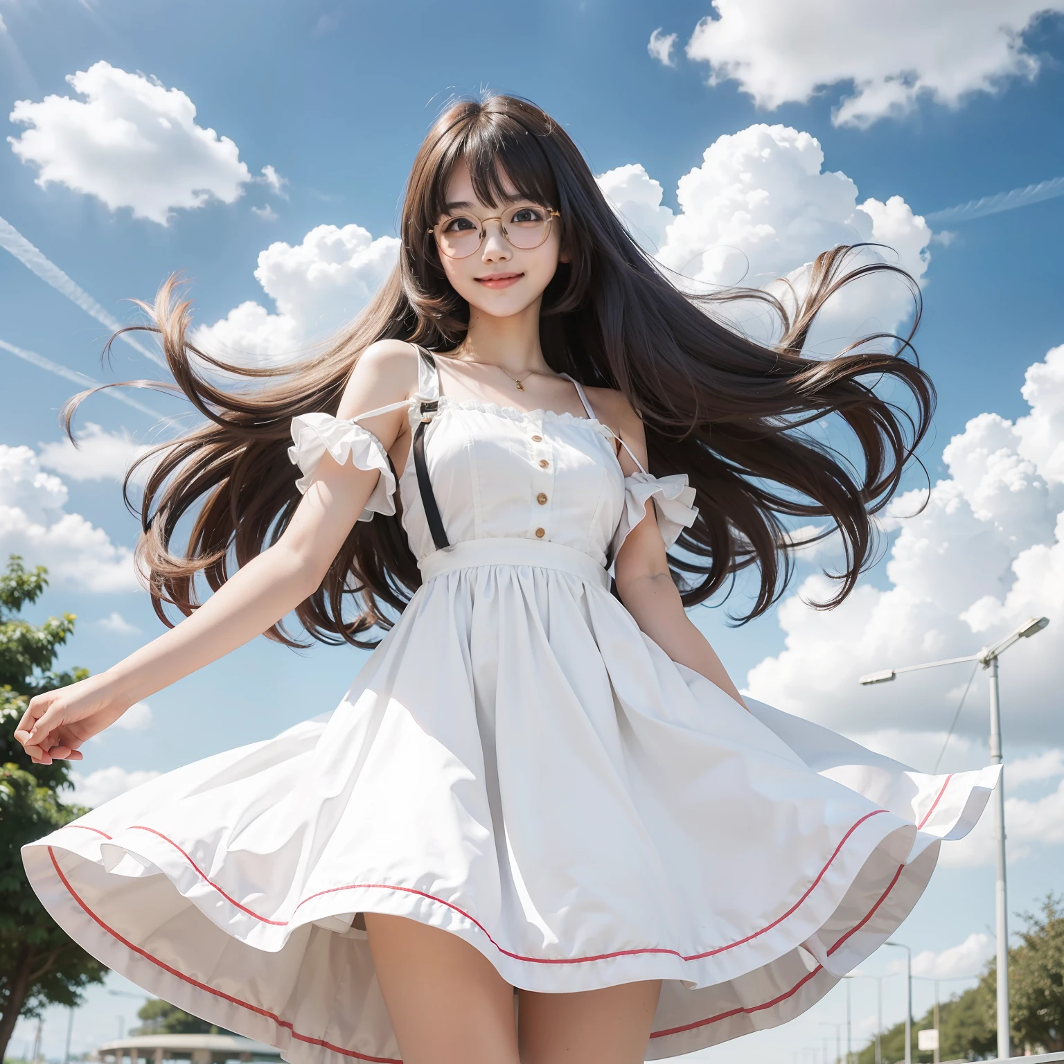 Anime girl, long hair, glasses, teen, cute, using white dress, wind, park, smile