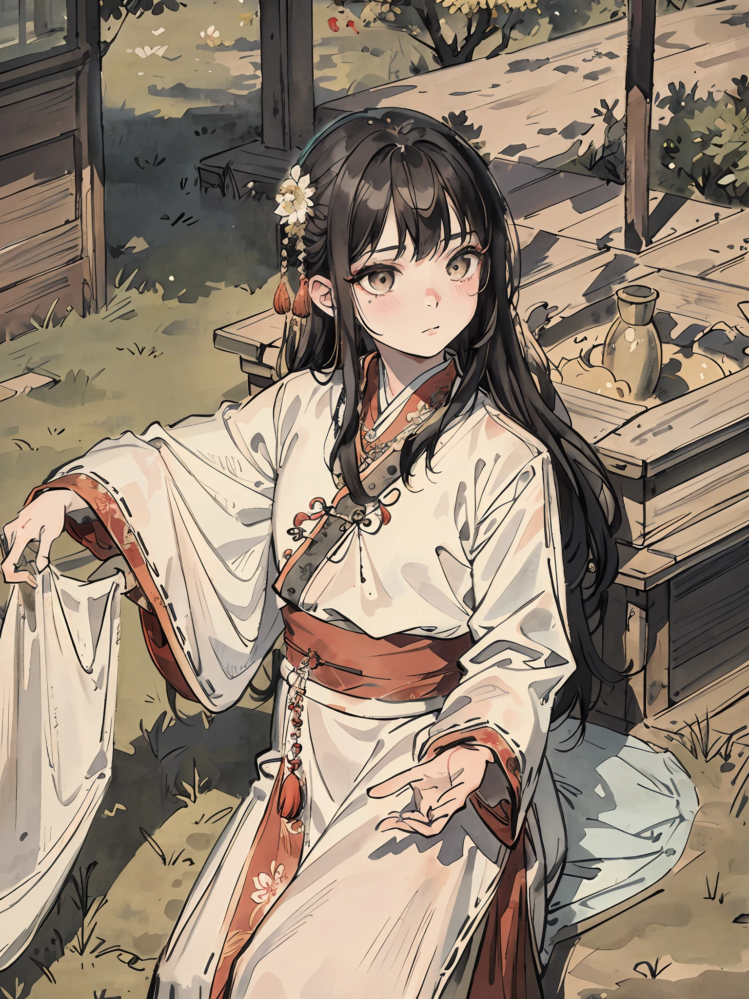 wie z_swarm,Best_quality,Head,Original_Outfit,Hanfu,Clear details,Masterpiece, Best_quality, Clear details,Girls around 10 years old,An innocent expression，Chinese park background,Cowboy shot,Detailed skin texture,Detailed cloth texture, Beautiful detailed face, Ultra detailed,photorealsim
