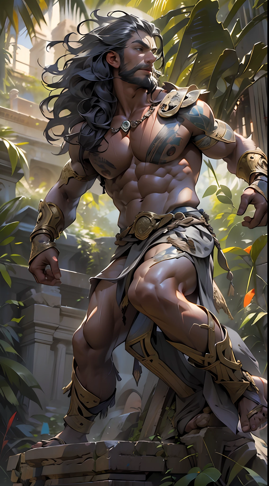 Sculpted warrior, exposed upper torso, legs bared from thighs to feet, flowing long curls, intricate muscular details, photorealistic depiction, 4K resolution. Background: Ancient temple ruins in a lush jungle,32k uhd, best quality, masterpiece, super detail, high details