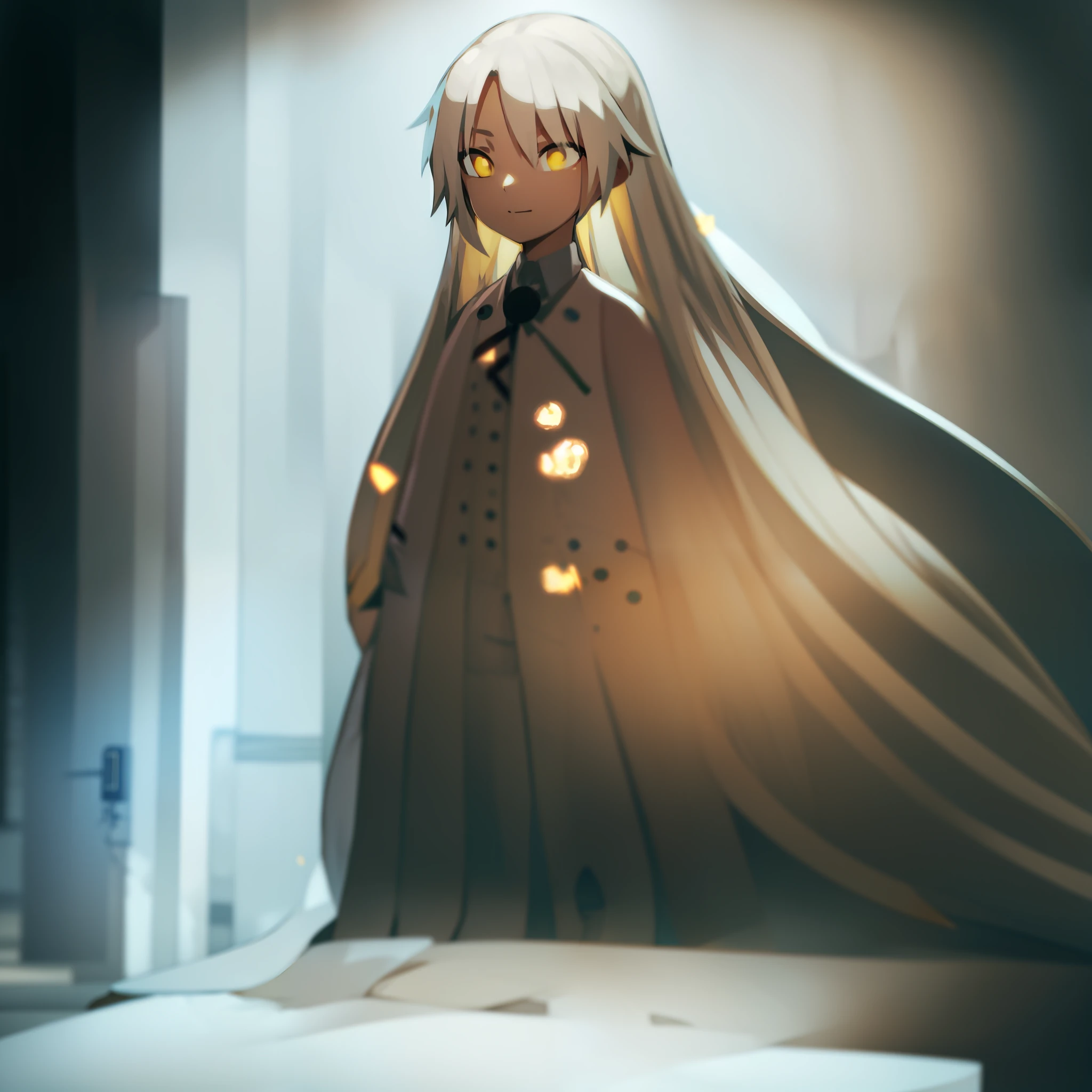 yellow ribbon，sitted，yellow-eyed，blond eyes，long whitr hair，Light smile，The best quality，Short robe，White robe，The barefoot，white color hair，huge tit，Huge，high qulity，high detal，8k，tmasterpiece，anime big breast，hyper HD，CG sense