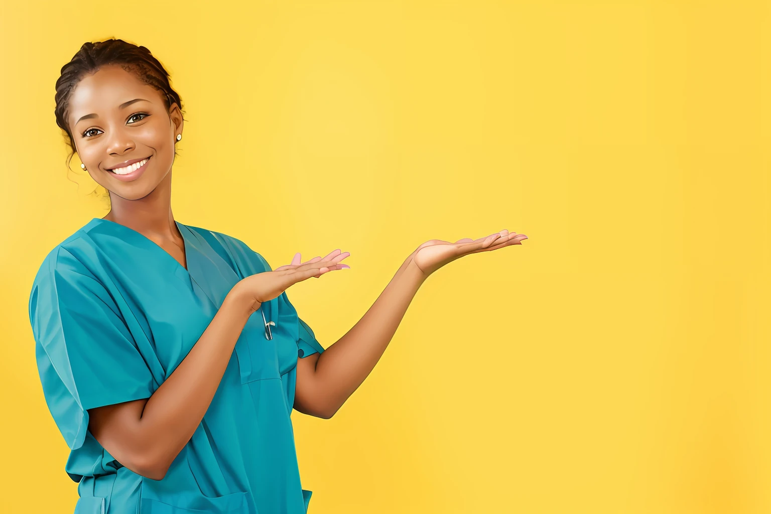 african woman in blue scrubs holding out her hand with a smile, african healthcare worker, nursing, surgical gown and blue scrubs on, nurse girl, nurse, nurse scrubs, medical photography, waving and smiling, shrugging arms, subject action: holding sign, subject action : holding sign, no watermark, plain background, wearing a hospital gown, stock photo, medical doctor, waving