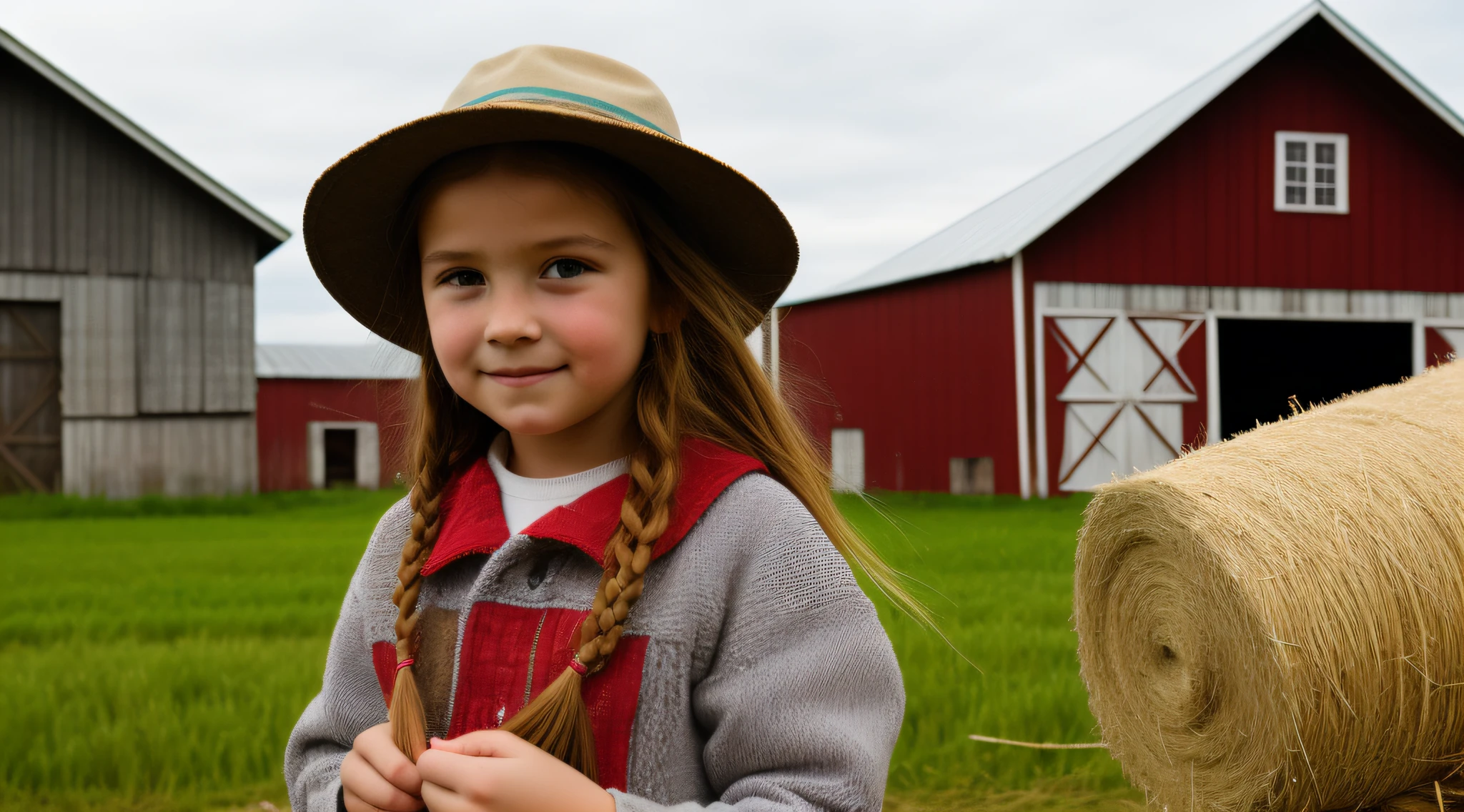 Russian style, children girl, portrait, long red hair of braids with hat, farmer style, with rolls of hay and wheat and horse, barns, apples.