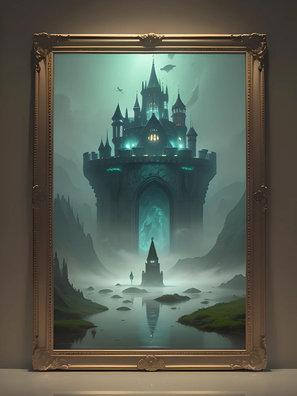 Create a surreal fantasy landscape of a dark castle standing in the misty underwater pond of an alien planet. Art should be in oil on canvas, With dynamic lighting with shades of green, naranja, y rojo. Use computer graphics techniques such as Octane and Cycles to achieve high-definition quality.