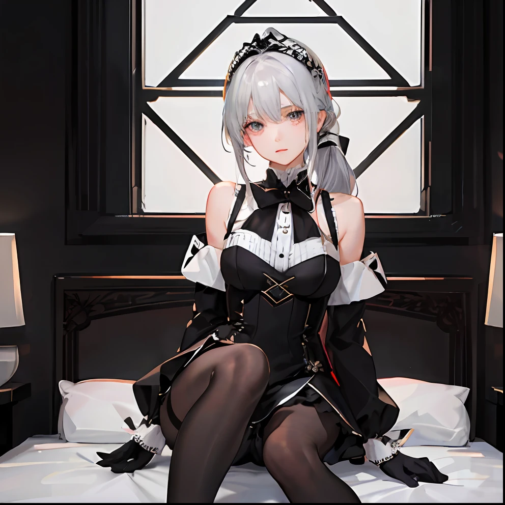 (((1 girl)),ray tracing,(dim lighting),[detailed background (bedroom)),((silver hair)),((silver hair)),(Fluffy silver hair, plump slender girl)) with high ponytail)))) Avoid blonde eyes in the ominous bedroom ((((Girl wears intricately embroidered black high-waisted pants with pantyhose) and white ruffled bow gloves), showing a delicate slim figure and graceful curves, correct limbs, sitting on the bed