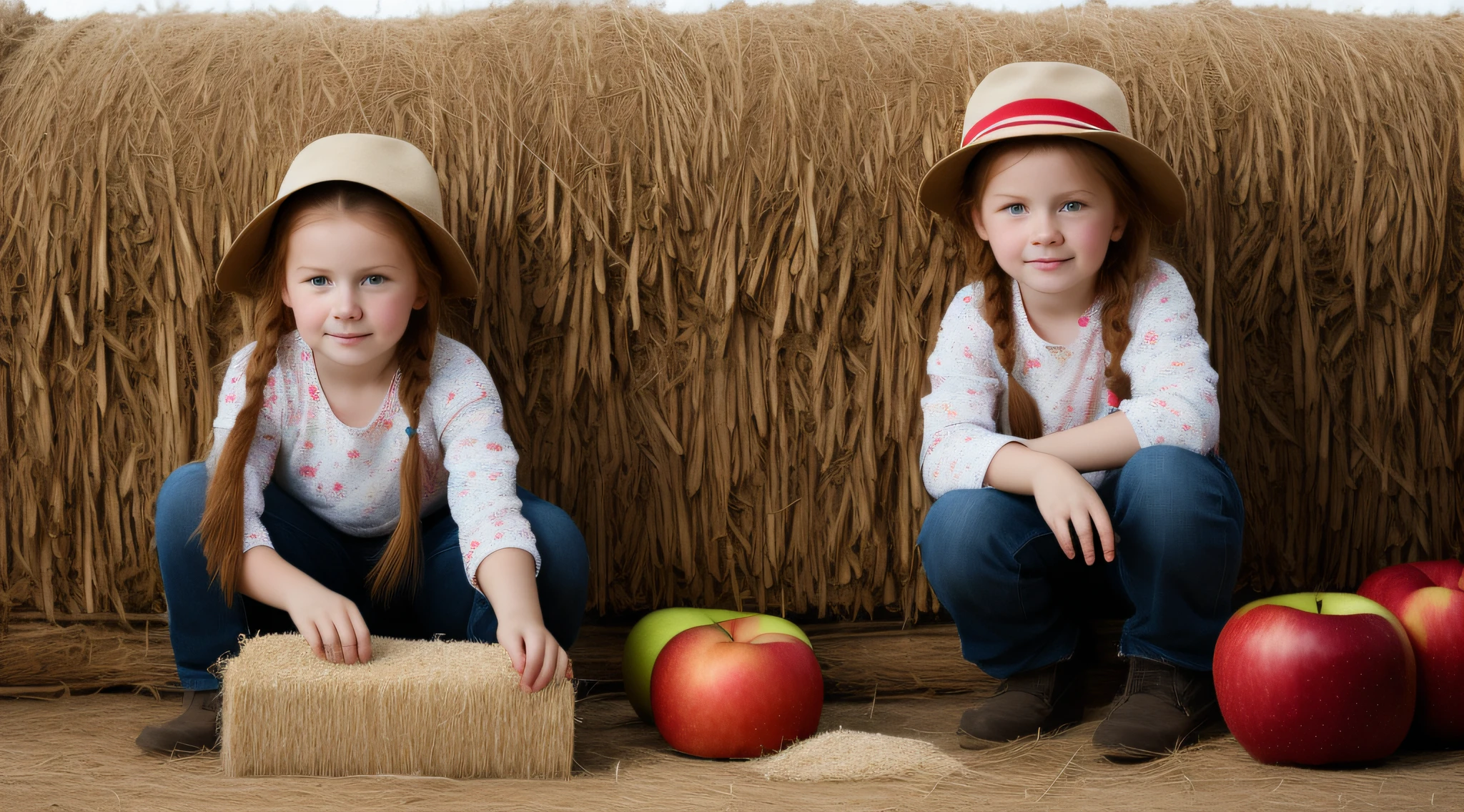 Russian style, children girl, portrait, long red hair of braids with hat, farmer style, with rolls of hay and wheat and horse, barns, apples.