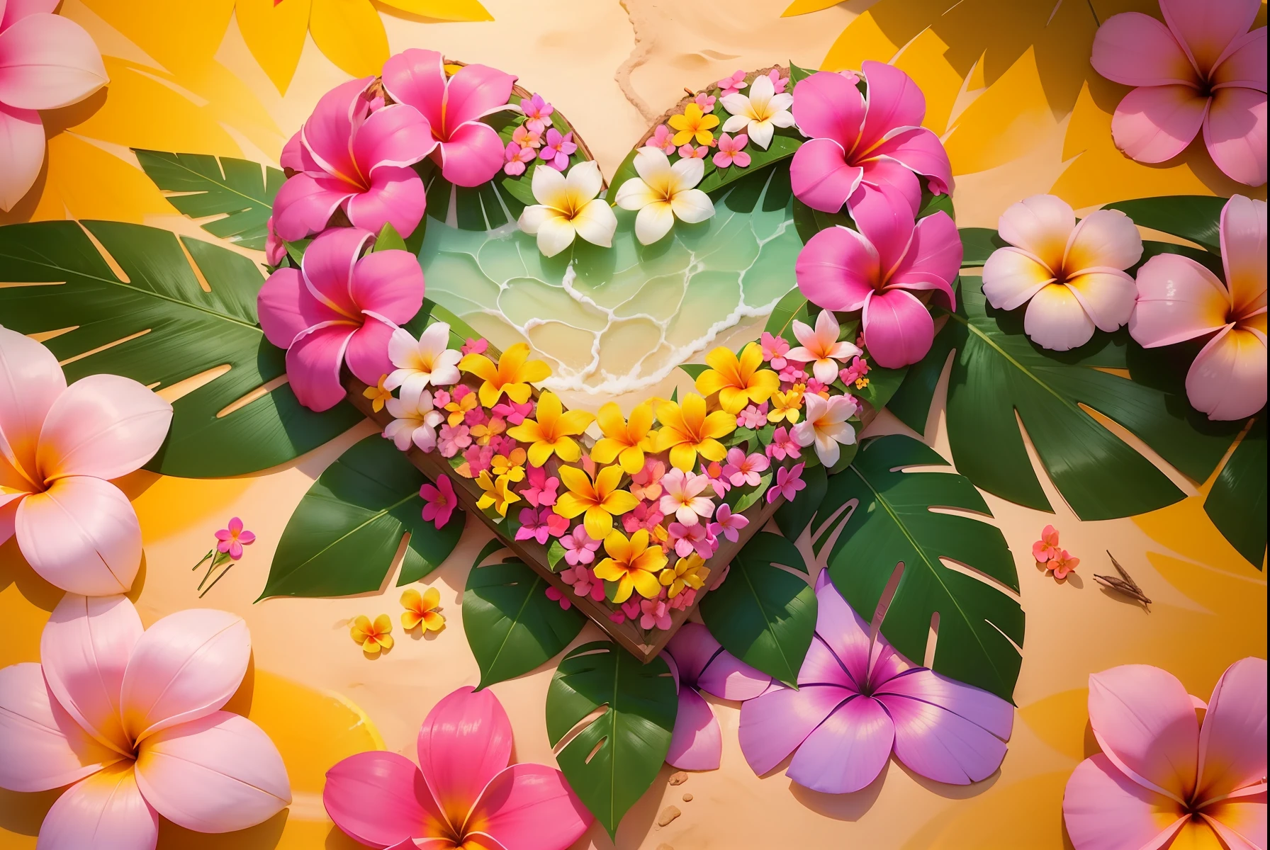 Close-up of a heart made of flowers on the beach, heart made of flowers, Plumeria, tropical flowers, beautiful tropical flowers, blooming tropical flowers, made of flowers and leaves, made of flowers and fruit, made of flowers, Flower petals, with colored flowers, pink yellow flowers, tropical style, made of fruit and flowers, beautiful aesthetic, Beautiful composition