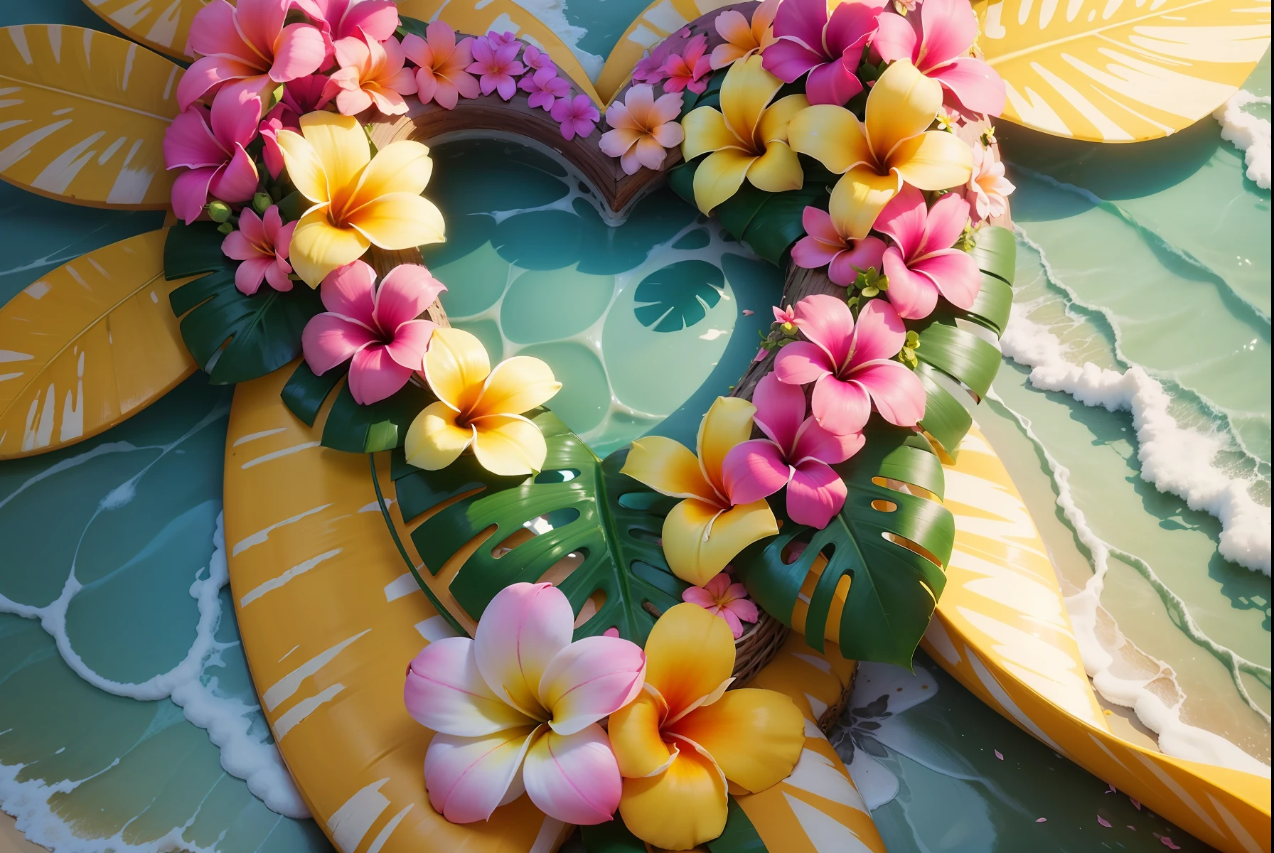 Close-up of a heart made of flowers on the beach, heart made of flowers, Plumeria, tropical flowers, beautiful tropical flowers, blooming tropical flowers, made of flowers and leaves, made of flowers and fruit, made of flowers, Flower petals, with colored flowers, pink yellow flowers, tropical style, made of fruit and flowers, beautiful aesthetic, Beautiful composition