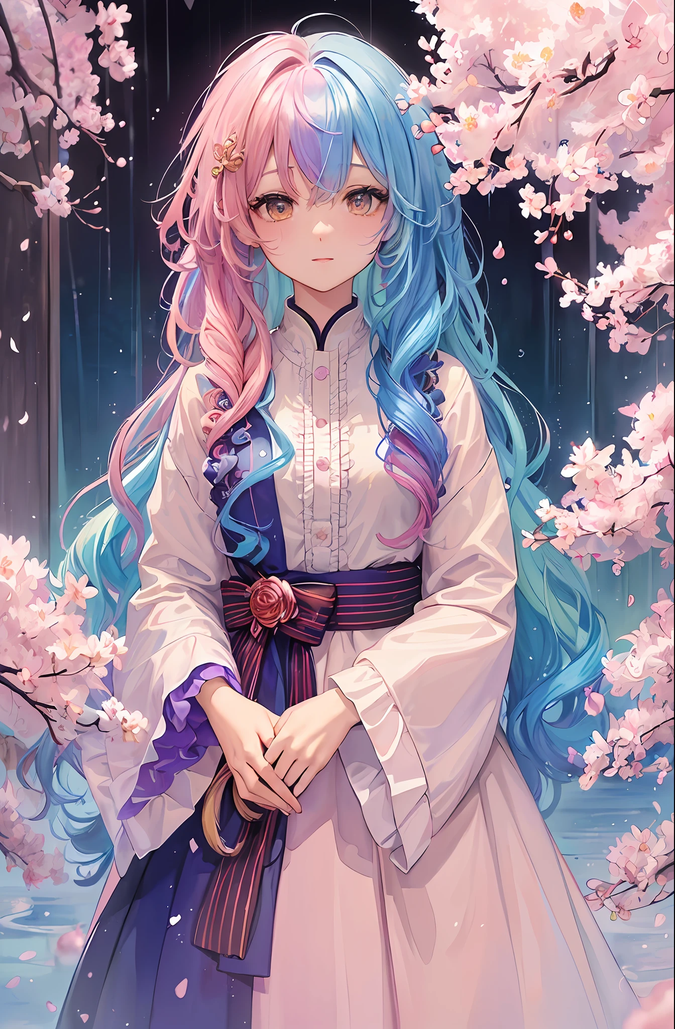 (masterpiece、top-quality、top-quality、watercolor paiting(Curly)、Official art、Beautifully Aesthetic:1.2)、(1girl in:1.3)、(Fractal Art:1.3)、patterns、(rainbow-colored hair、colourful hair、Half blue and half light pink hair:1.2)、Eau、liquids、clouds、starrysky、stele、((Rain)),(((Cherry blossoms)))