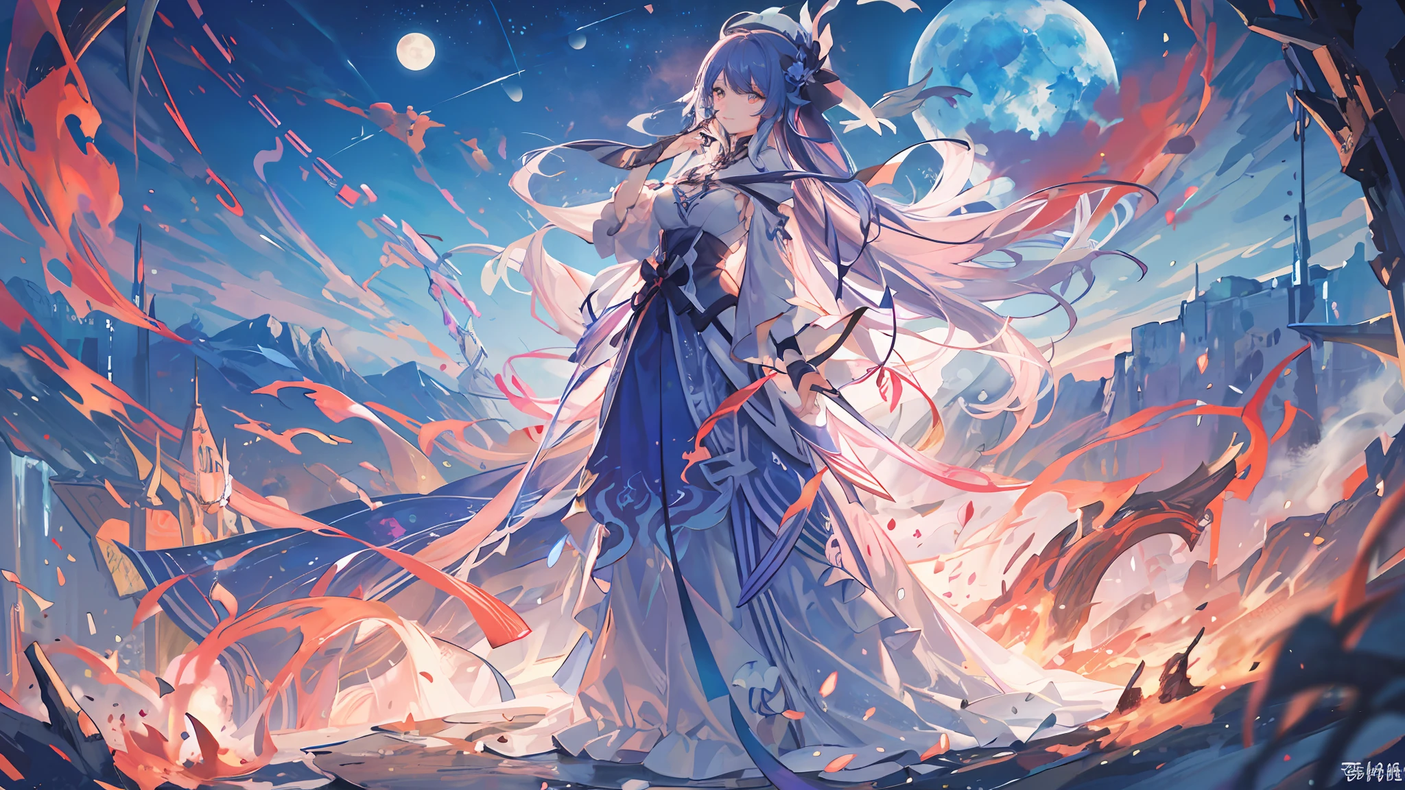 Walking through the scorching earth of boiling magma、Beautiful woman wearing a dress with a detailed and delicate design。The sky is like a vermilion and burnt aurora borealis、The beautiful blue moon floating there。Beautiful face and shining colorful eyes。The blue moonlight dimly illuminates the surroundings。Detailed descriptions and vibrant colors。High-quality, luxurious images。