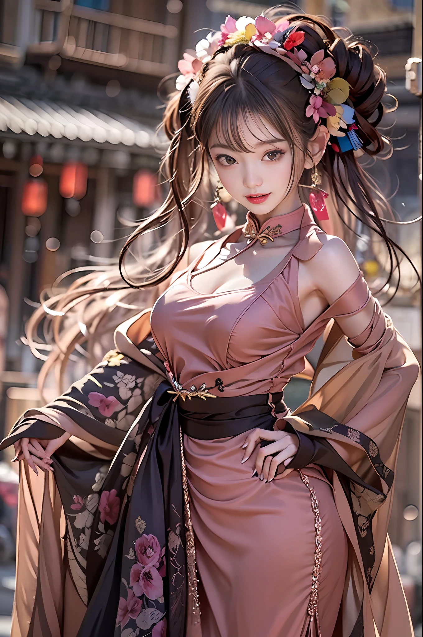 ((Top Quality, 8K, Masterpiece: 1.3)), Cowboy Shot, Very Cute Beauties, 1 Girl, (Beautiful: 1.3), (Abs, Slender Figure: 1.1), Sharp Focus, ((Intricate Details))), High Detail, Upper Body, One Girl, Black Twins Bangs, Chinese Characters, (Luxury Satin Cleavage Cut Out Evening Cheongsam: 1.5), Lace, Detailed evening dress, 8K, 8K resolution, clean detail face, detail body, detailed clothes, sharp images, hyper sharp images, Japan anime concept art, trending on Artstation, ((Look at the viewer, turn to the viewer, stare at the viewer: 1.3)), seductive sexy pose, (Seductive smile, light smile: 1.35)), pink lipstick, Bokeh, depth field, 8.5 life-size, 8k resolution, (EOS 5D Mark IV, 35mm lens, shot at f1.8), (ancient Chinese street background, simple background without humans, detailed background), ((frame head: 1.3), detailed human hand, perfect human hand, perfect anatomy, perfect proportions, super sharp focus, have a katana