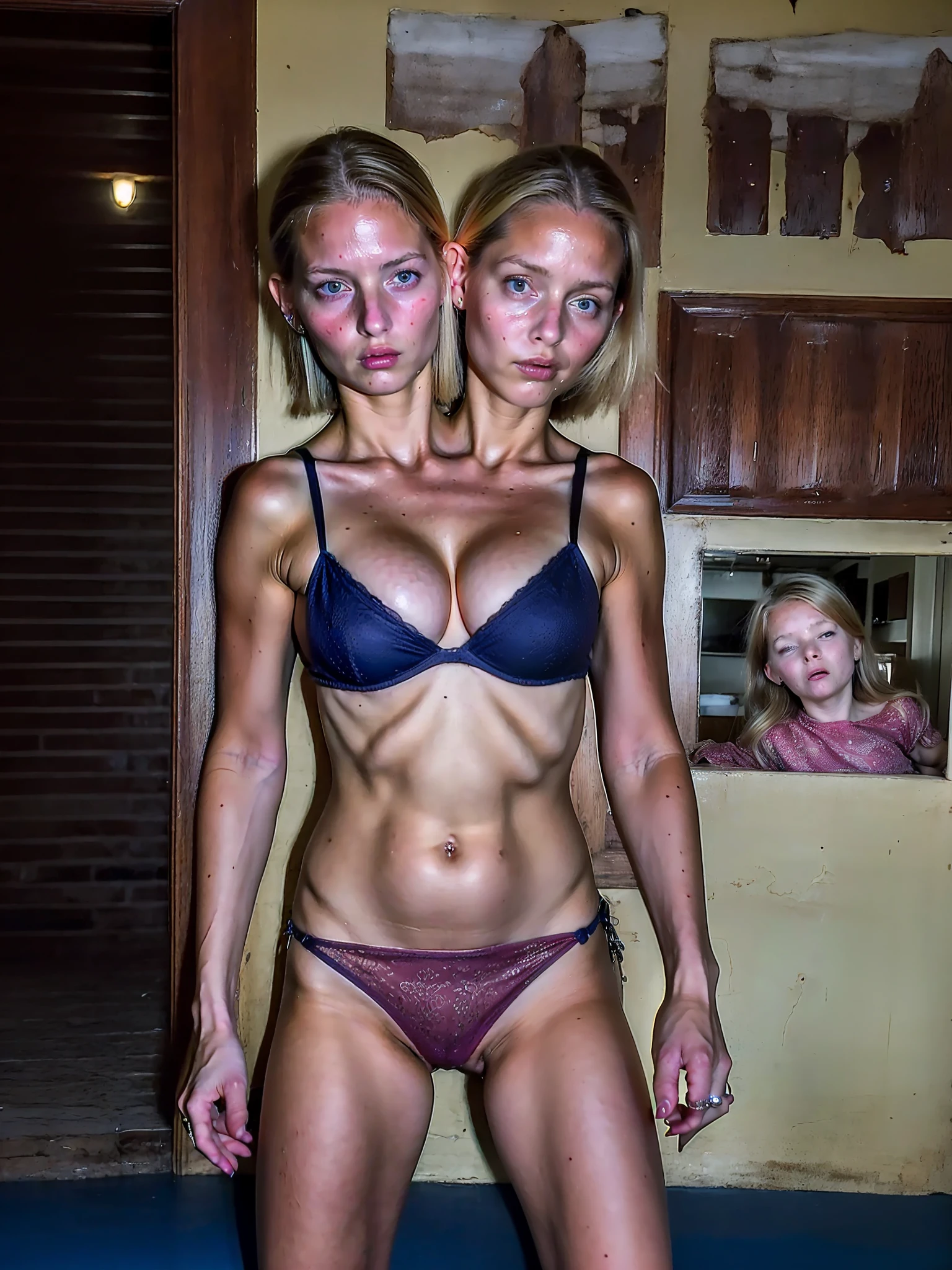 2heads, two headed girl, (mom and daughter conjoined to each other:1.5), (child:1.5), (one torso:1.5), (female:1.5), (blonde:1.5), (two heads attached to one body:1.4), conjoined twins, heads side by side, one body, young, uncomfortable, barefoot, bare breasts