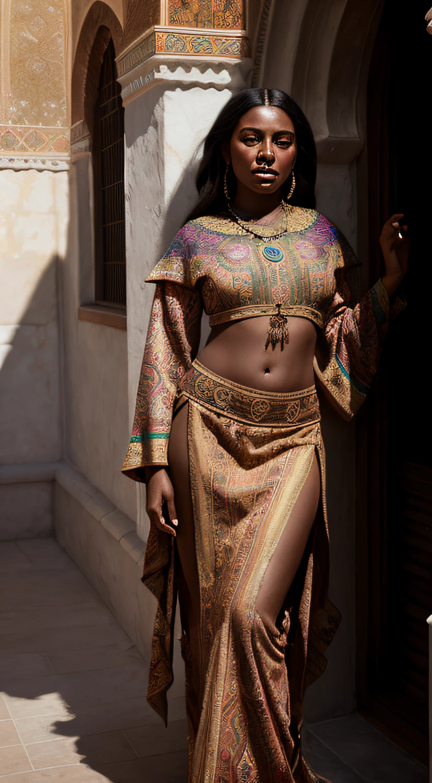 full body portrait of a blasian dark-skinned medieval fantasy 30 year-old woman, almond-shaped eyes, hazel-colored eyes, medium well-kept hair, traditional fantasy north african noblewoman's clothes, exotic, rich, elaborate, colorful, intricately decorated, patterned, in a medieval fantasy north african traditional town, (backlighting), realistic, masterpiece, highest quality, lens flare, shade, bloom, [[chromatic aberration]], by Jeremy Lipking, by Antonio J. Manzanedo, digital painting
